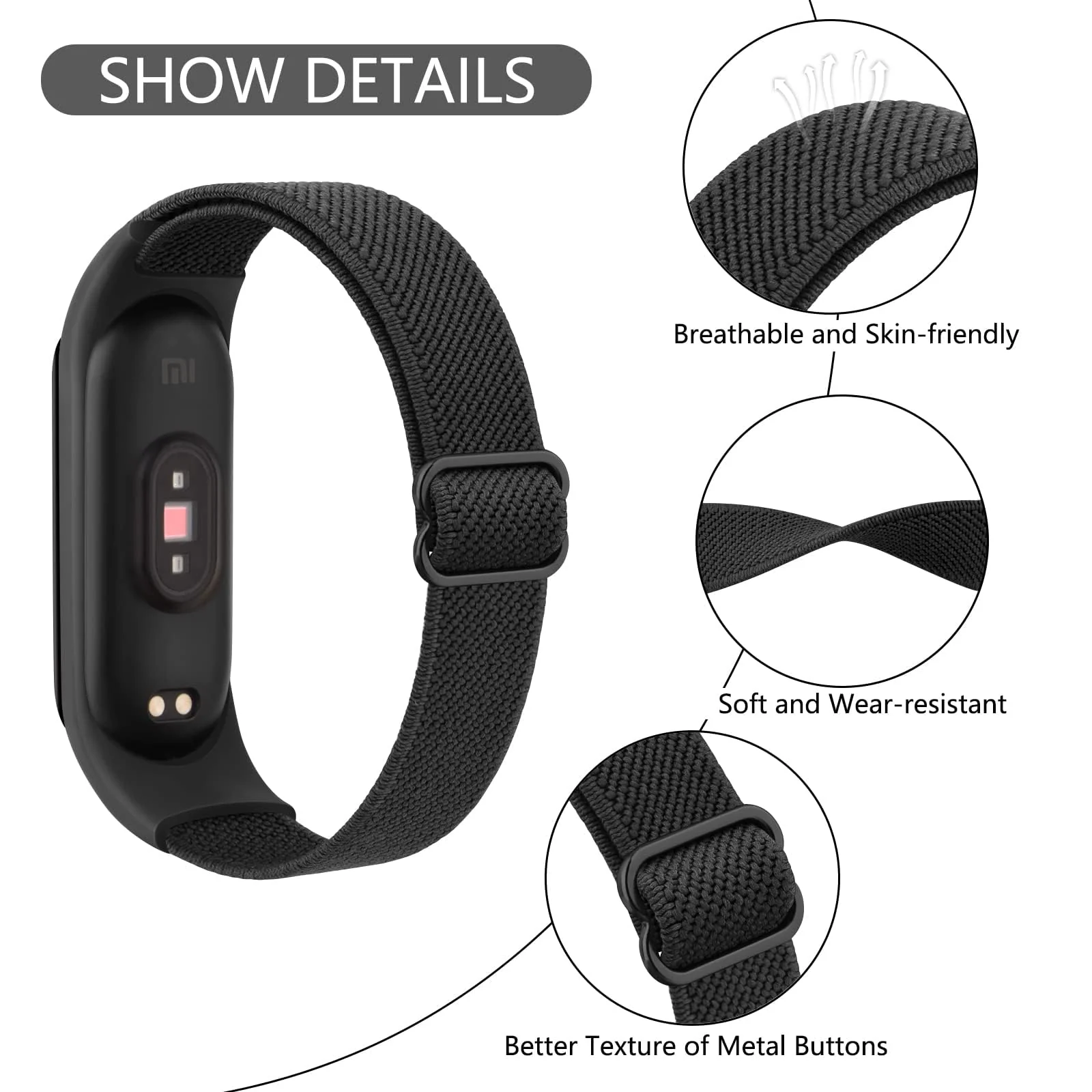 DL3 Mobilak Nylon Loop Stretchy Strap for Xiaomi Mi Band 7/Mi Band 6/Mi Band 5/Mi Band 4/Mi Band 3, Adjustable Elastic Sport Band for Mi Band 7 6 5 4 3, Strap Smart Watch Accessories - Black