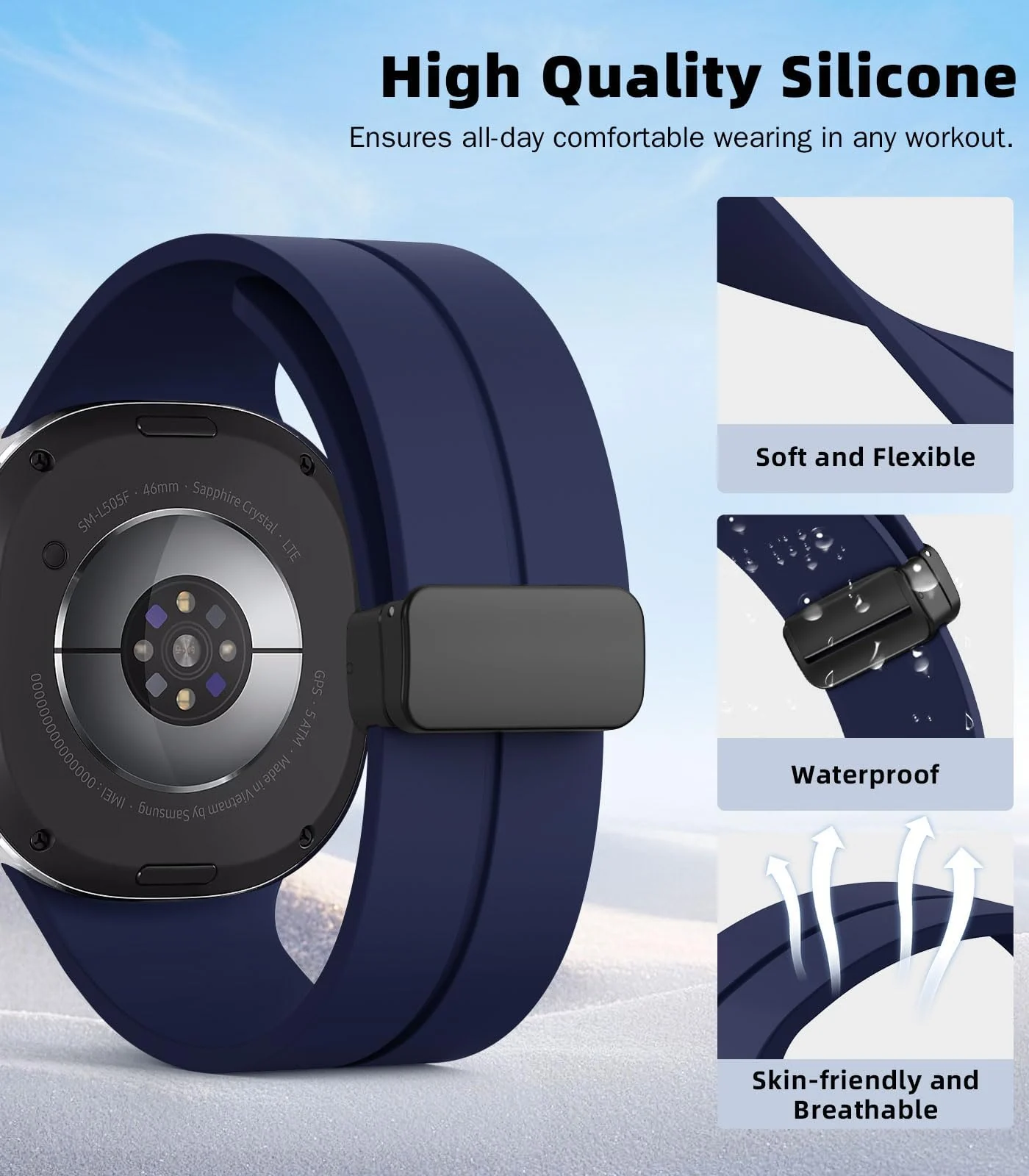DL3 Mobilak Silicone Strap for Samsung Galaxy Watch 8 40mm/44mm, Men's and Women's Adjustable Sports Silicone Magnetic Buckle Bands for Samsung Galaxy Watch 8 Classic 46mm 2025 - Midnight Blue