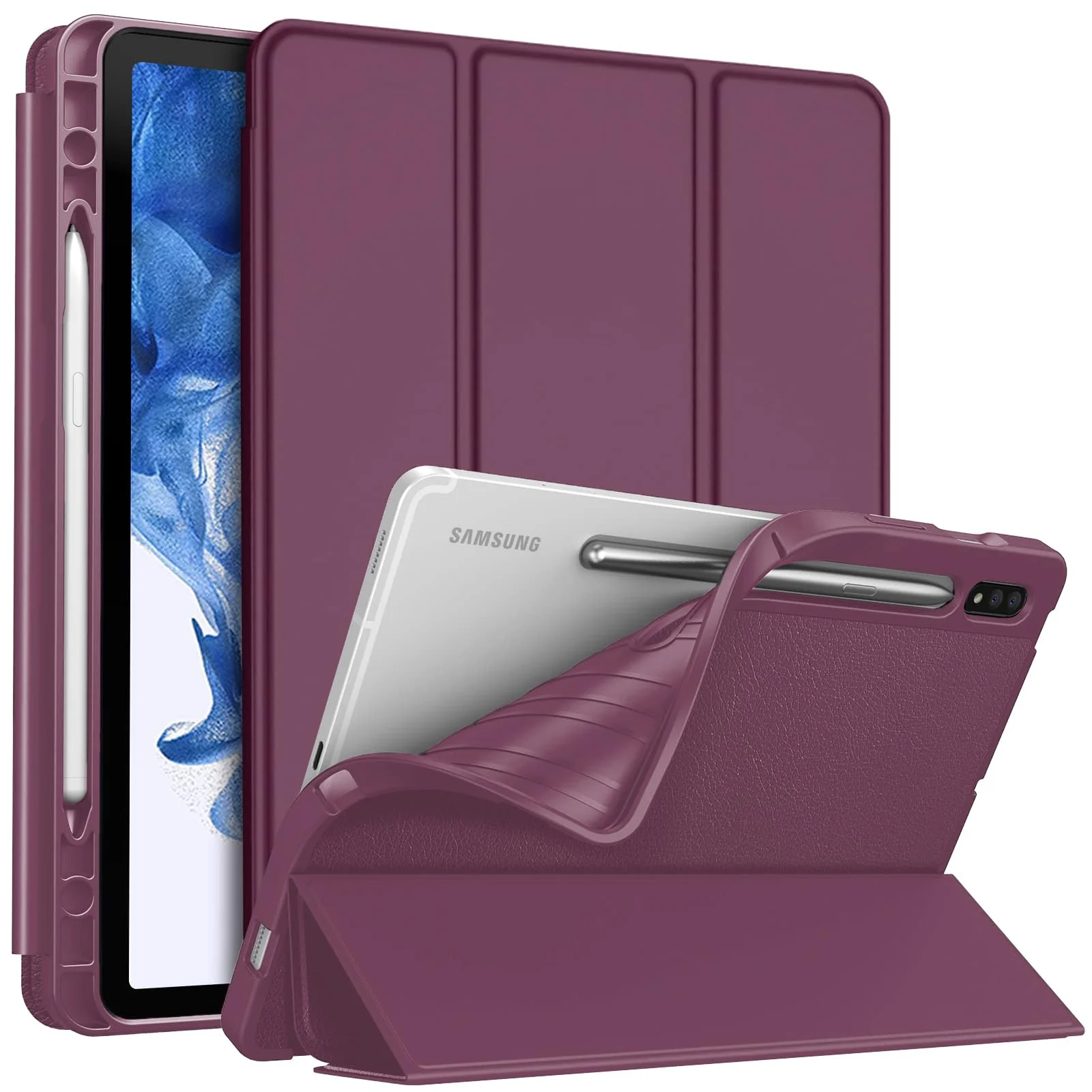 DL3 Mobilak Smart Case for Samsung Galaxy Tab S8 Plus 2022/S7 FE/S7 Plus 12.4 with Pencil Holder, Soft TPU Smart Stand Back Cover Auto Wake/Sleep Feature - Wine Red