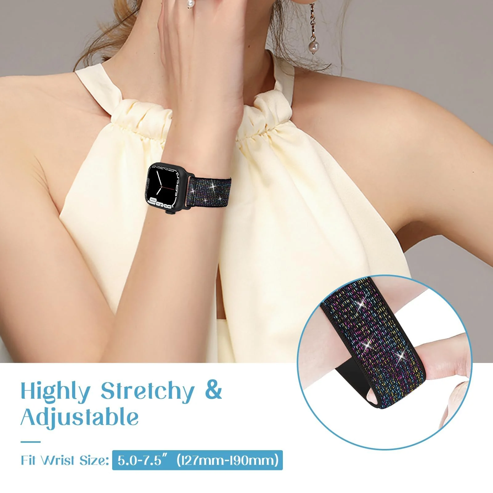 DL3 Mobilak Stretchy Bling Band For Apple Watch 49mm 46mm 45mm 44mm 42mm Women, Nylon Sparkly Strap Solo Loop Glitter Wristband for iWatch Series 11 10 9 8 7 6 5 4 SE3 SE2 SE Ultra 3 2 1 - Pride Black