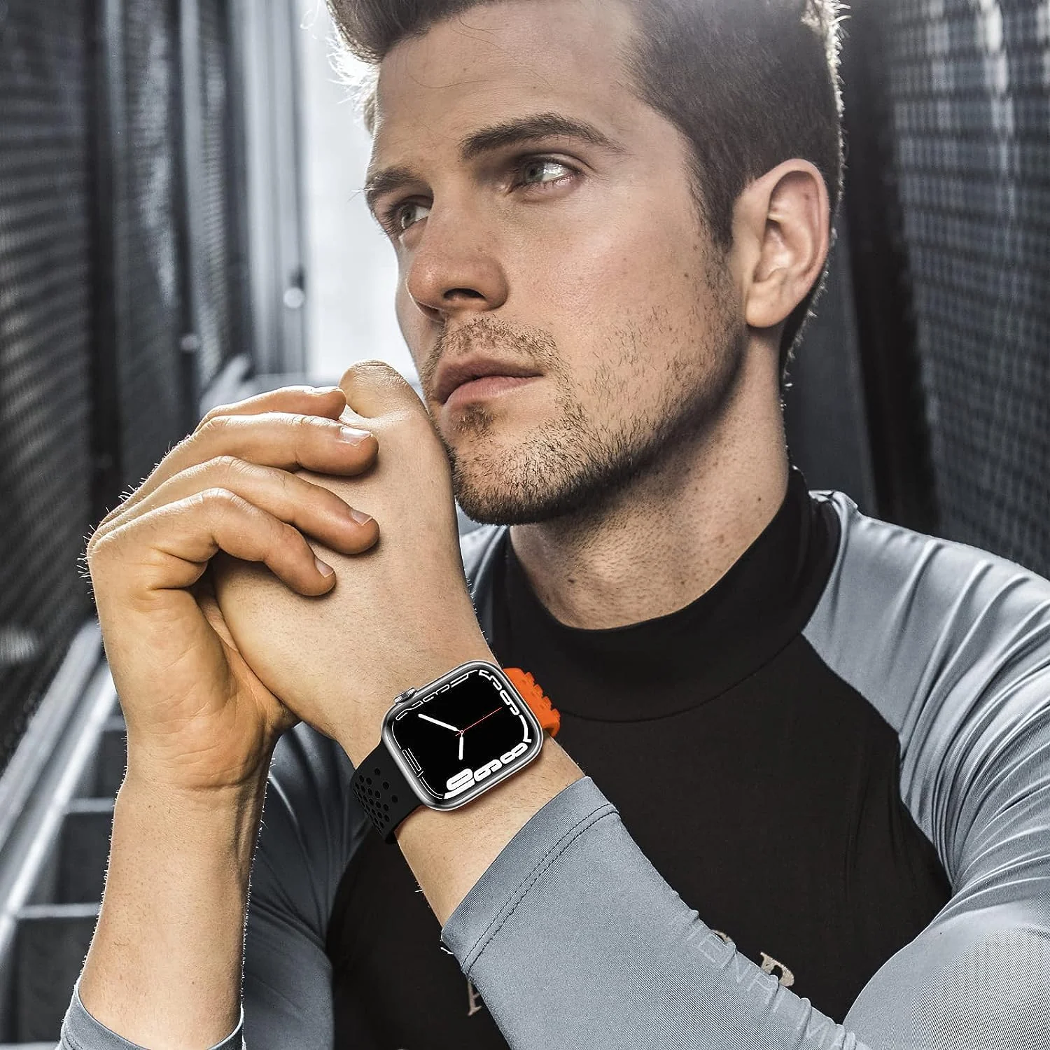 DL3 Mobilak Soft Silicone Band For Apple Watch Ultra Bands 49mm 45mm 44mm 42mm, Sport Replacement Wristband No Clasps for iWatch Series 8 ultra 7 6 5 4 SE 3 2 Women Men, Waterproof Strap - Orange Black