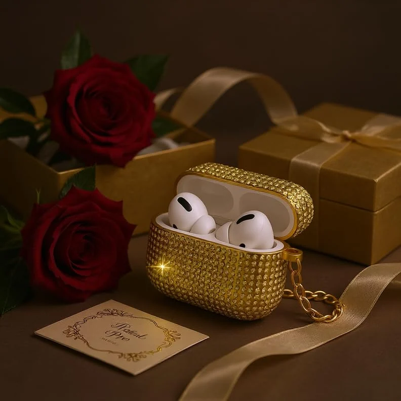 DL3 Mobilak Luxury Rhinestone Case for AirPods Pro 1/2 (AirPods Pro 2nd/1st), Sparkling Glitter Protective Cover with Detachable Metal Hand Chain, Shockproof Ideal Gift for Women & Girls - Gold