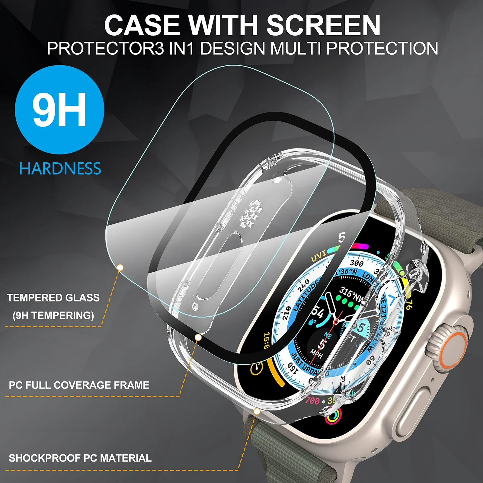 DL3 Mobilak Hard Case Designed for Apple Watch Ultra 2 (2023) / Ultra 1 49mm, Built-in 9H [HD ] Tempered Glass Screen Protector, [Full Protection] Slim Cover for iWatch 49mm - Clear