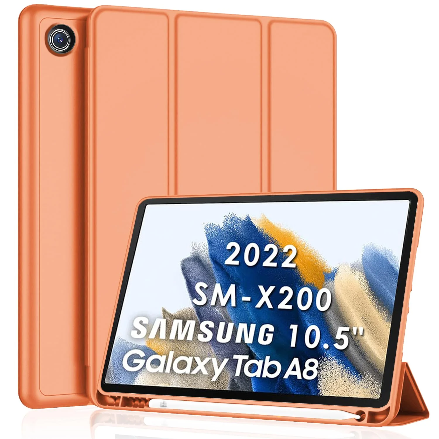DL3 Mobilak Smart Case for Samsung Galaxy Tab A8 10.5 Inch 2021(-X200/-X205/-X207) with Pencil Holder, Soft TPU Smart Stand Back Cover Auto Wake/Sleep Feature - Orange