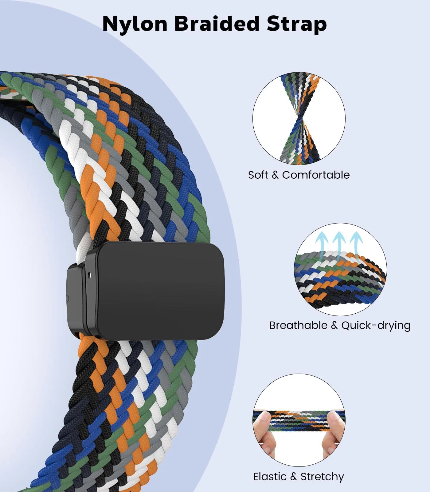 DL3 Mobilak 22mm Magnetic Band for Redmi Watch 5 Active/5 Lite/Samsung Galaxy Watch 3 45mm/Watch 46mm/Gear S3/Huawei watch GT6 GT5 46MM/GT2E/GT6 Pro/GT 5 Pro/Amazfit GTR 4/3, Stretchy Braided Nylon Sport Strap - Blue White