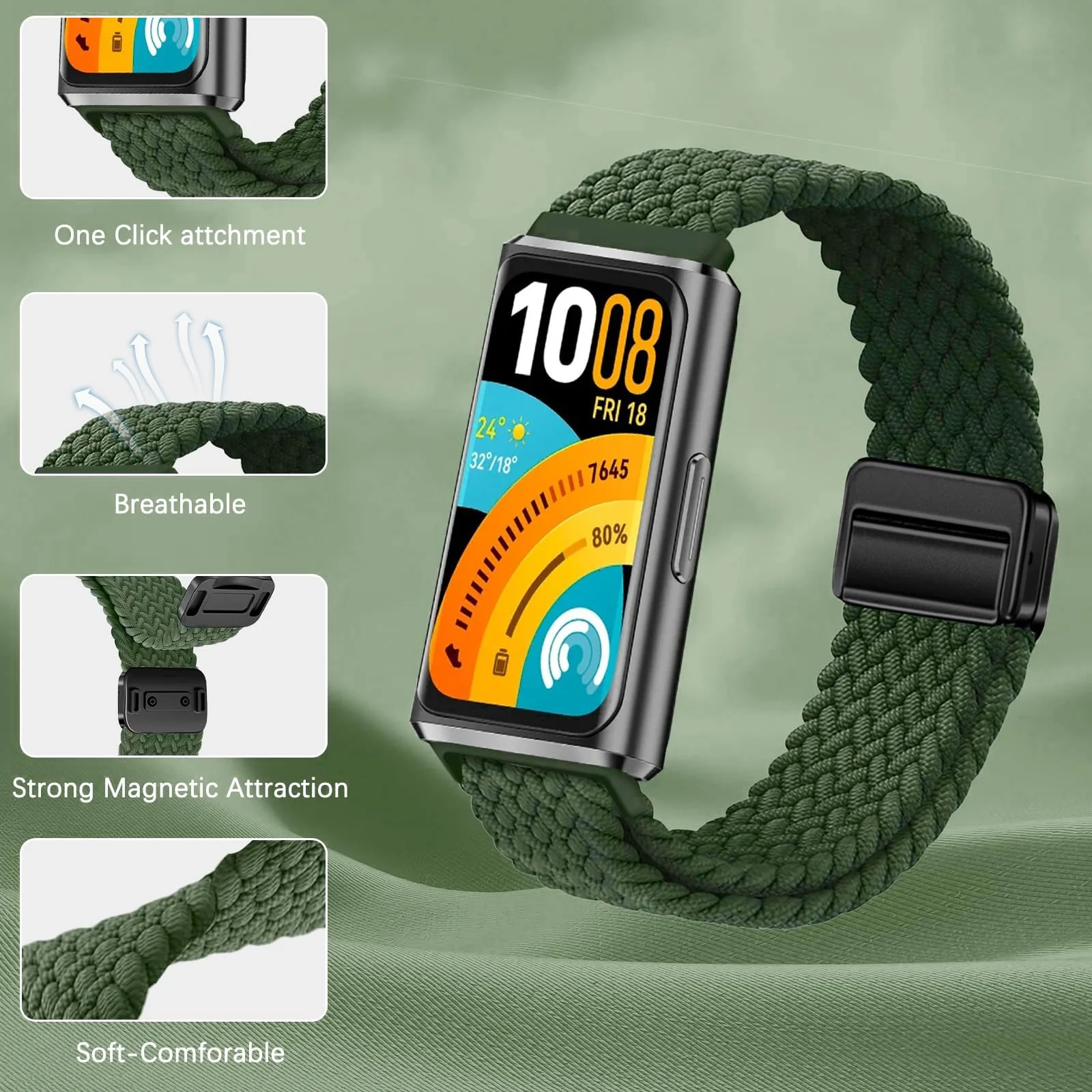 DL3 MOBILAK Braided Elastic Nylon Magnetic Watch Strap for Huawei Band 11 / Band 11 Pro, Green
