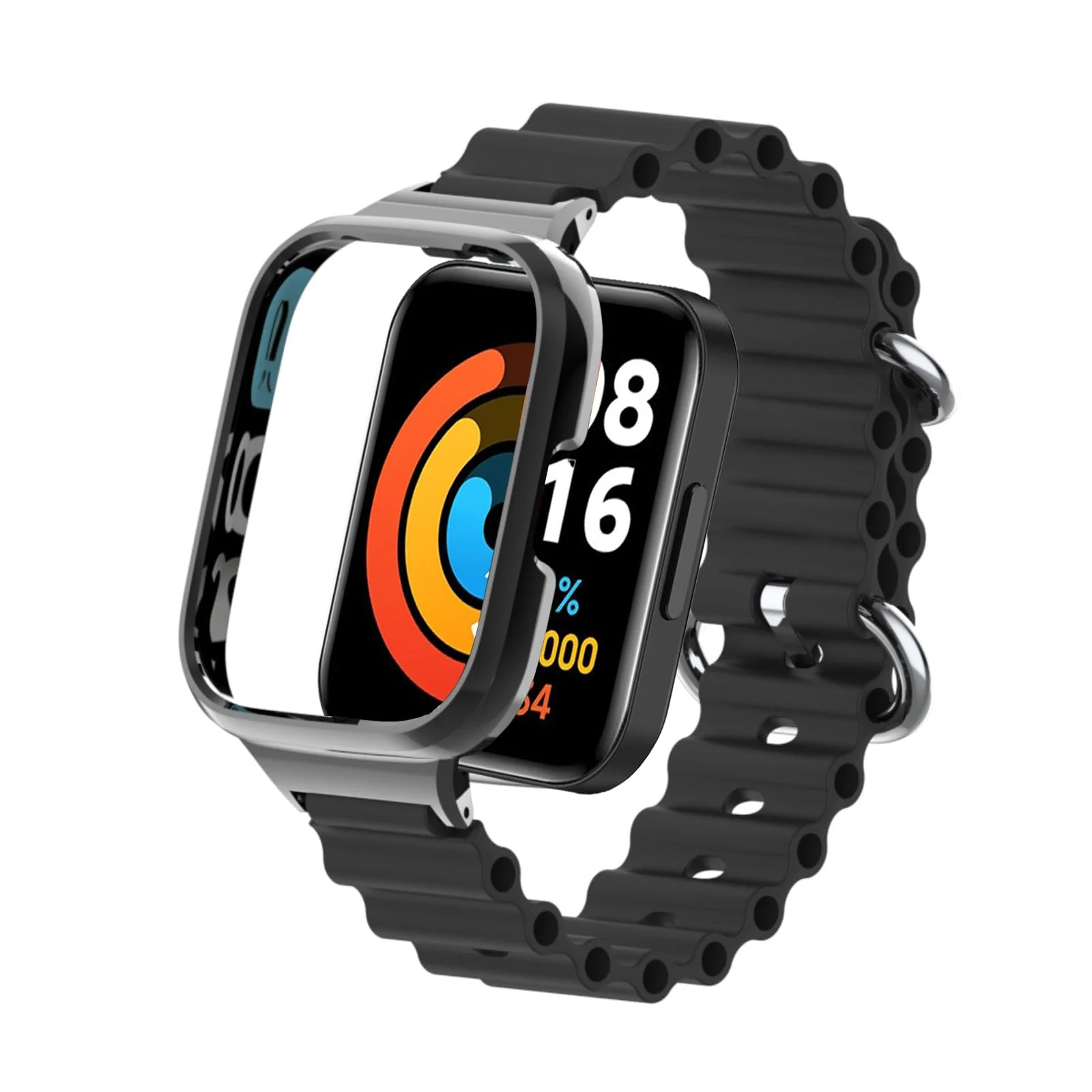 DL3 Mobilak Ocean Strap Compatible with Xiaomi Redmi Watch 2 Lite/Poco Watch/Horloge 2, Adjustable Silicone Strap with Metal Buckle, Band With Frame Metal Women Men Replacement Strap - Black