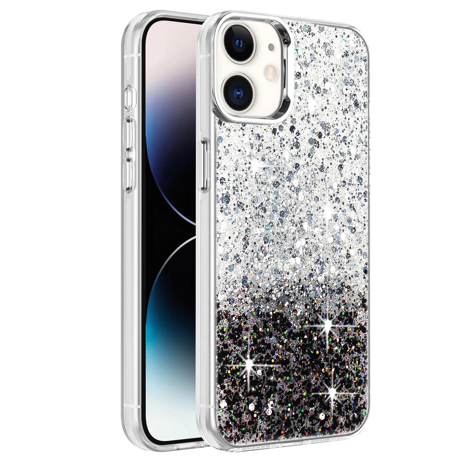 DL3 Mobilak Glitter Protective Case for Apple iPhone 11, Supports wireless charging, Camera protection, Shock-absorbing protection - White Black