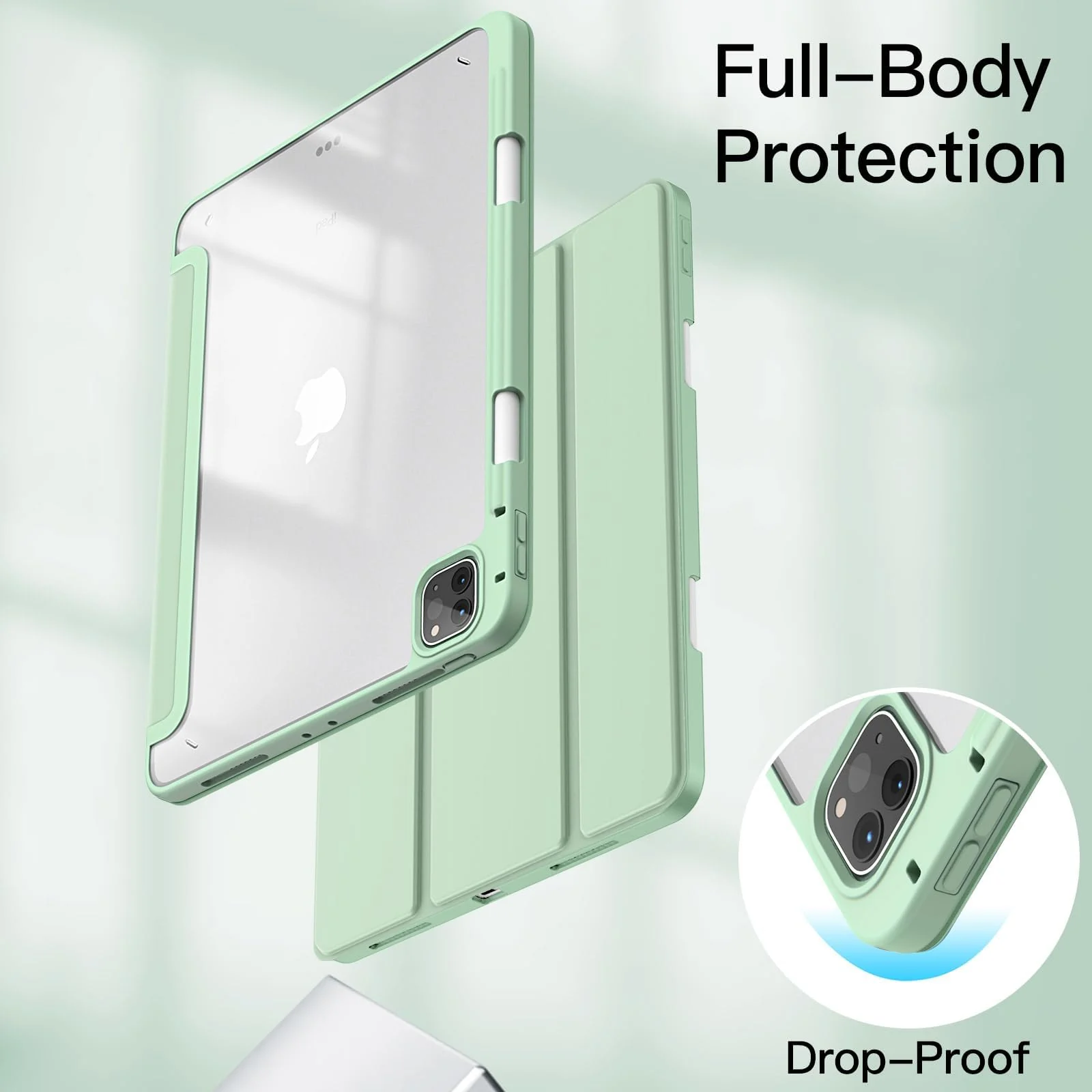 DL3 Mobilak for iPad Pro 11 Inch Case 4th /3rd /2nd Generation(2022/2021/ 2020), Clear Shockproof Back Cover Built-in Pencil Holder, Auto Sleep/Wake - Mint Green