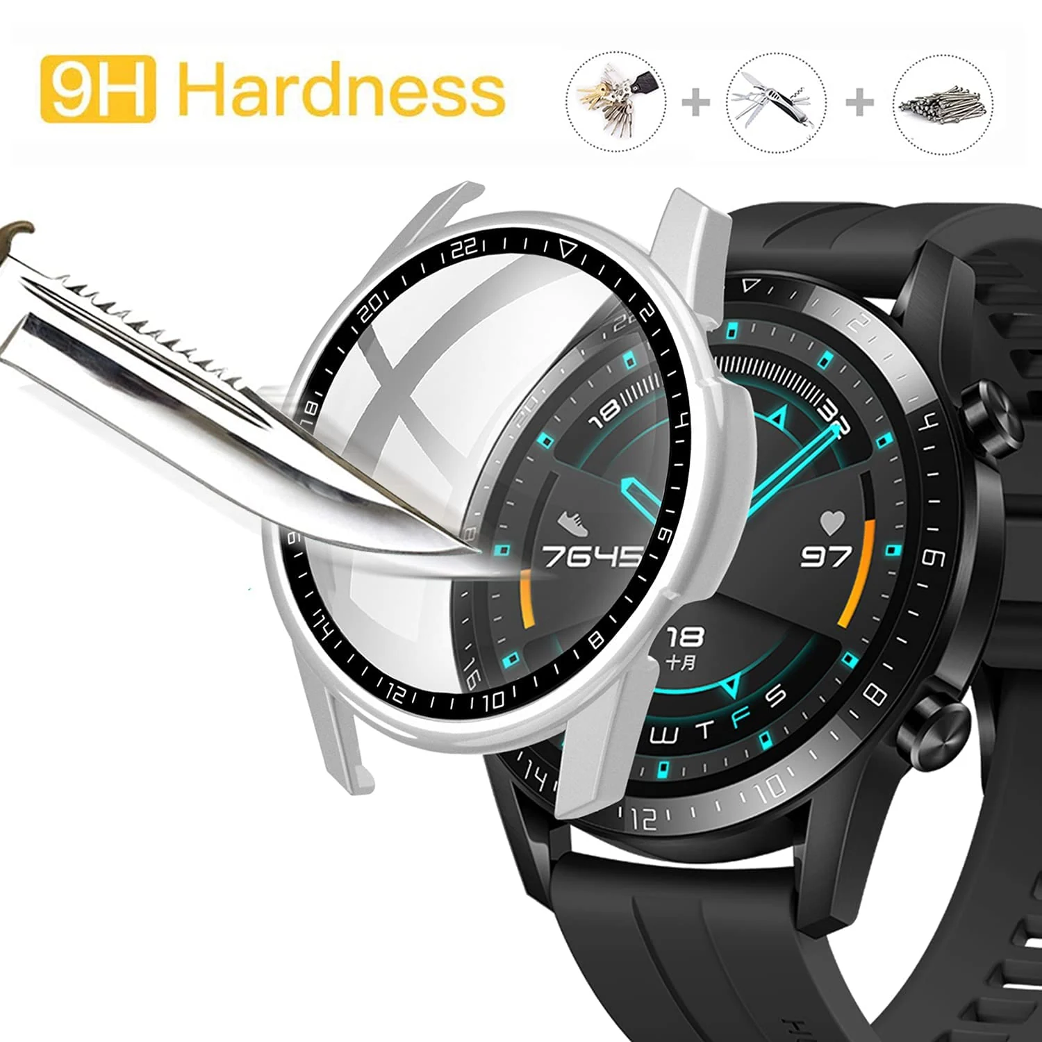 DL3 Mobilak Case Compatible with Huawei Watch GT2 46mm PC Cover with Bezel Tempered Glass Protection, Ultra Thin Full Protection for Huawei Watch GT 2 46 mm Protective Case - Silver