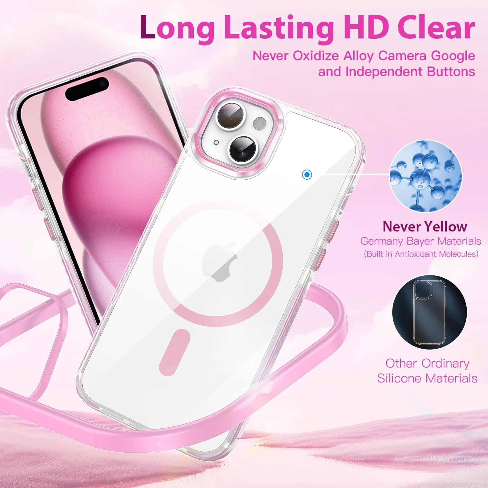 DL3 Mobilak Rugged Protective Case for iPhone 15 (6.1 Inch), Compatible with MagSafe accessories, Supports wireless charging, Shock-absorbing protection - Pink