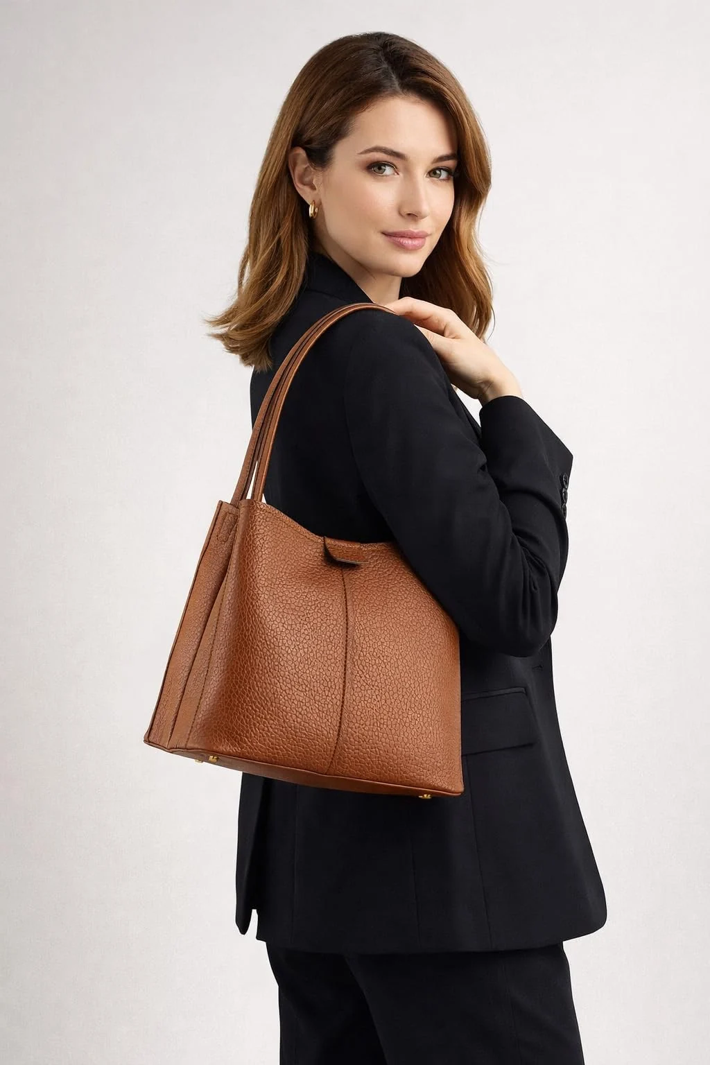 Mobigon Premium Women’s Handbag with Pebbled PU Leather, Elegant Top-Handle Design, 3 Organized Compartments, Zippered Center with Inner Pockets & Magnetic Closures for Work & Daily Use - Light Brown