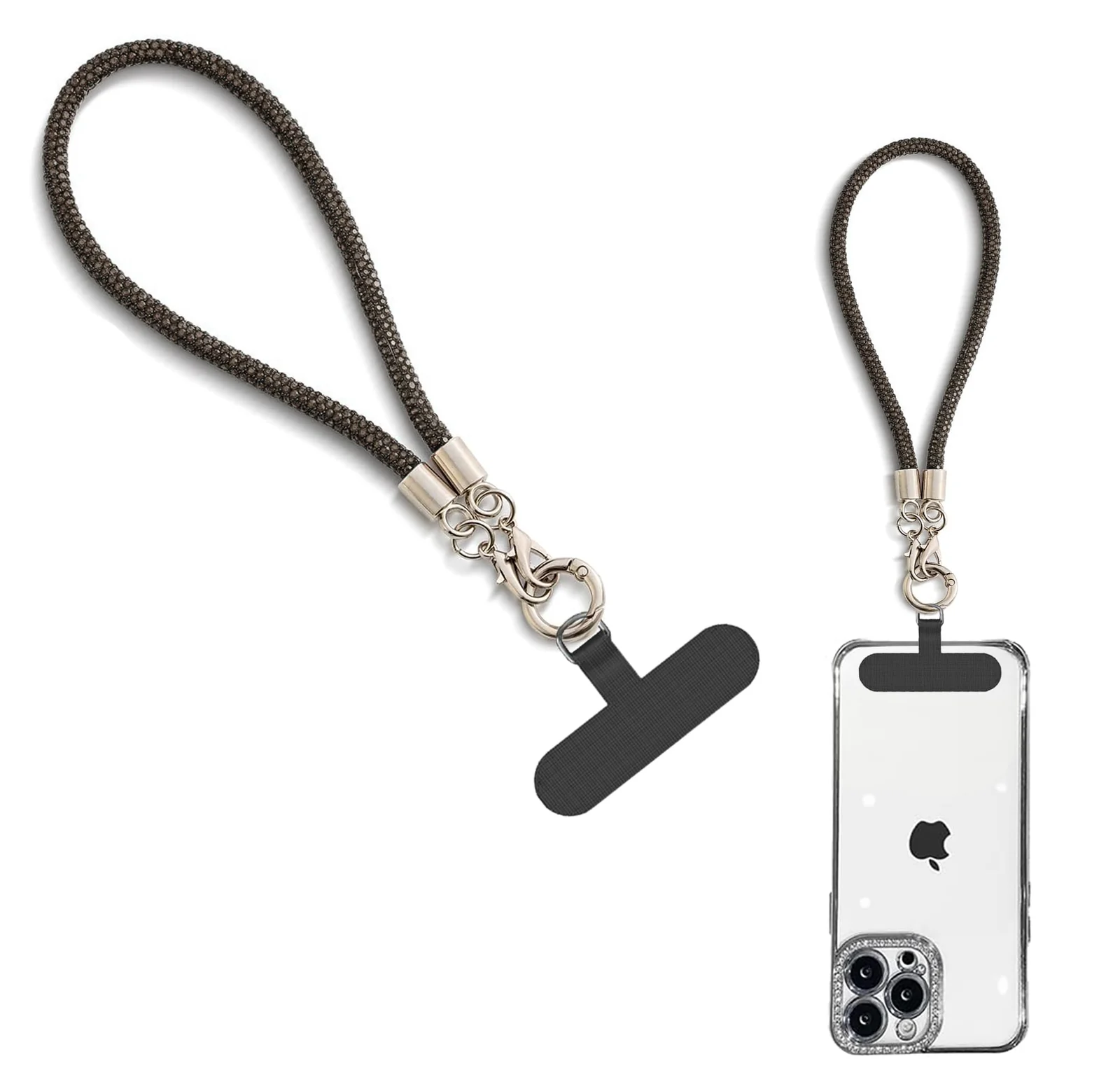 DL3 Mobilak Glitter Phone Wrist Strap, Bling Rhinestone Short Hand Lanyard Bracelet with Keychain & Card Holder, Universal Mobile Phone Chain & Handbag Strap for Women - Grey