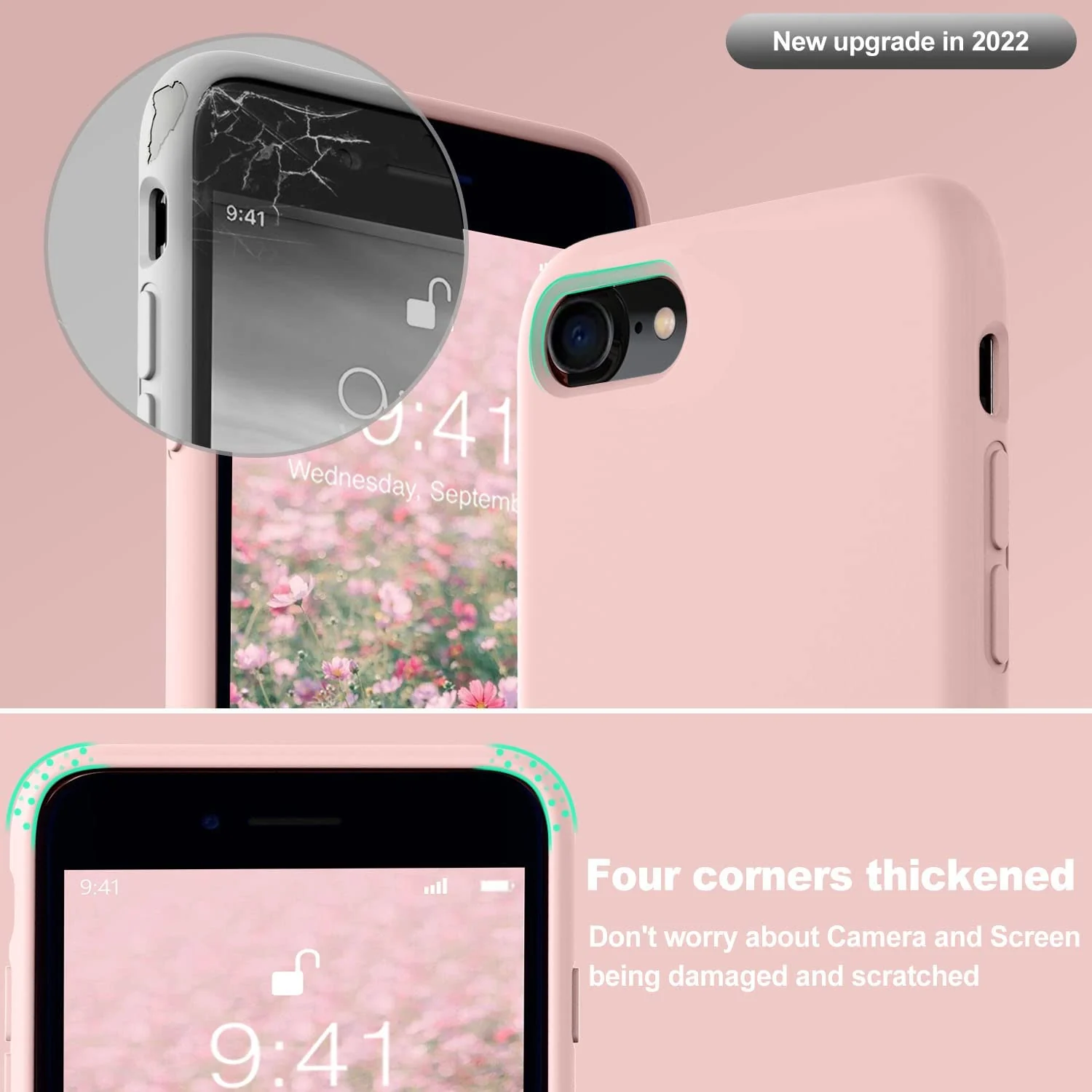 DL3 Mobilak Liquid Silicone Protective Case with Soft Microfiber Lining for iPhone SE 2022, SE 2020, iPhone 7, iPhone 8 - Pink Sand