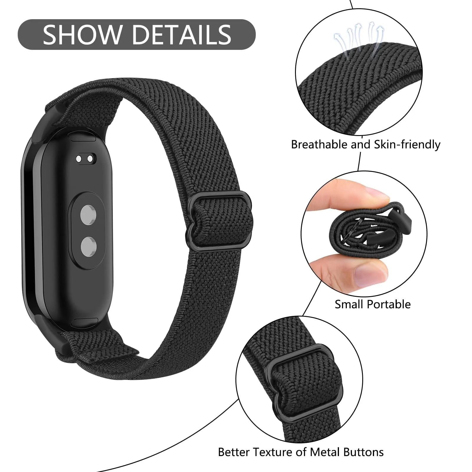 DL3 Mobilak Strap for Xiaomi Mi Band 10 / Xiaomi Mi Band 9 / Xiaomi Mi Band 8, Elastic Nylon Straps, Adjustable Breathable Replacement Bracelet for Xiaomi Smart Band 8/9/10 for Women Men - Black