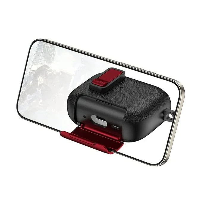 Mobigon for AirPods Pro 2nd / 1st Leather Case with Secure Lock Clip, Support Wireless Charge, Stand and Charging Port Dustproof Design with Carabiner for AirPods Pro 2 (Black/Red)