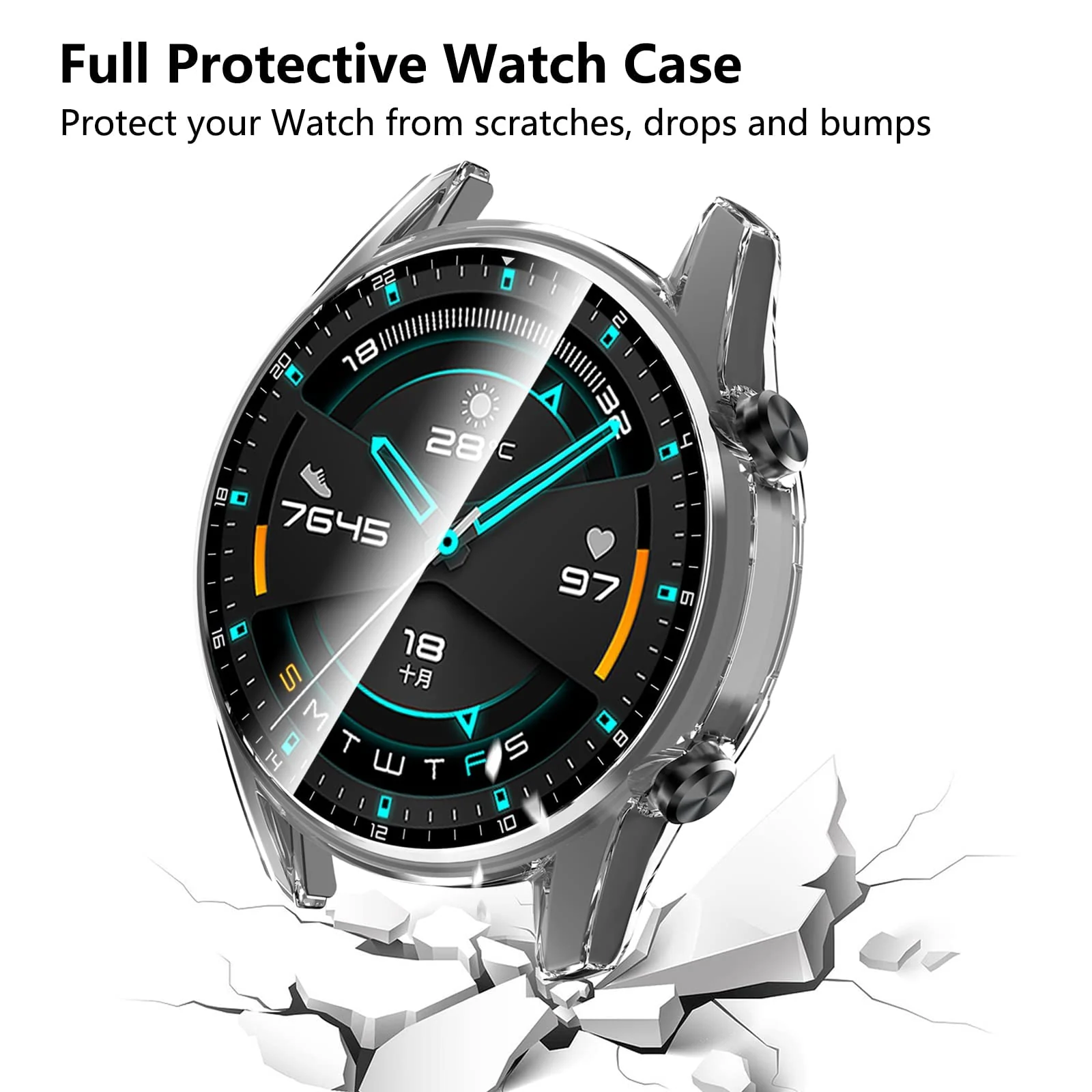 DL3 Mobilak Case Compatible with Huawei Watch GT2 46mm PC Cover with Bezel Tempered Glass Protection, Ultra Thin Full Protection for Huawei Watch GT 2 46 mm Protective Case - Clear