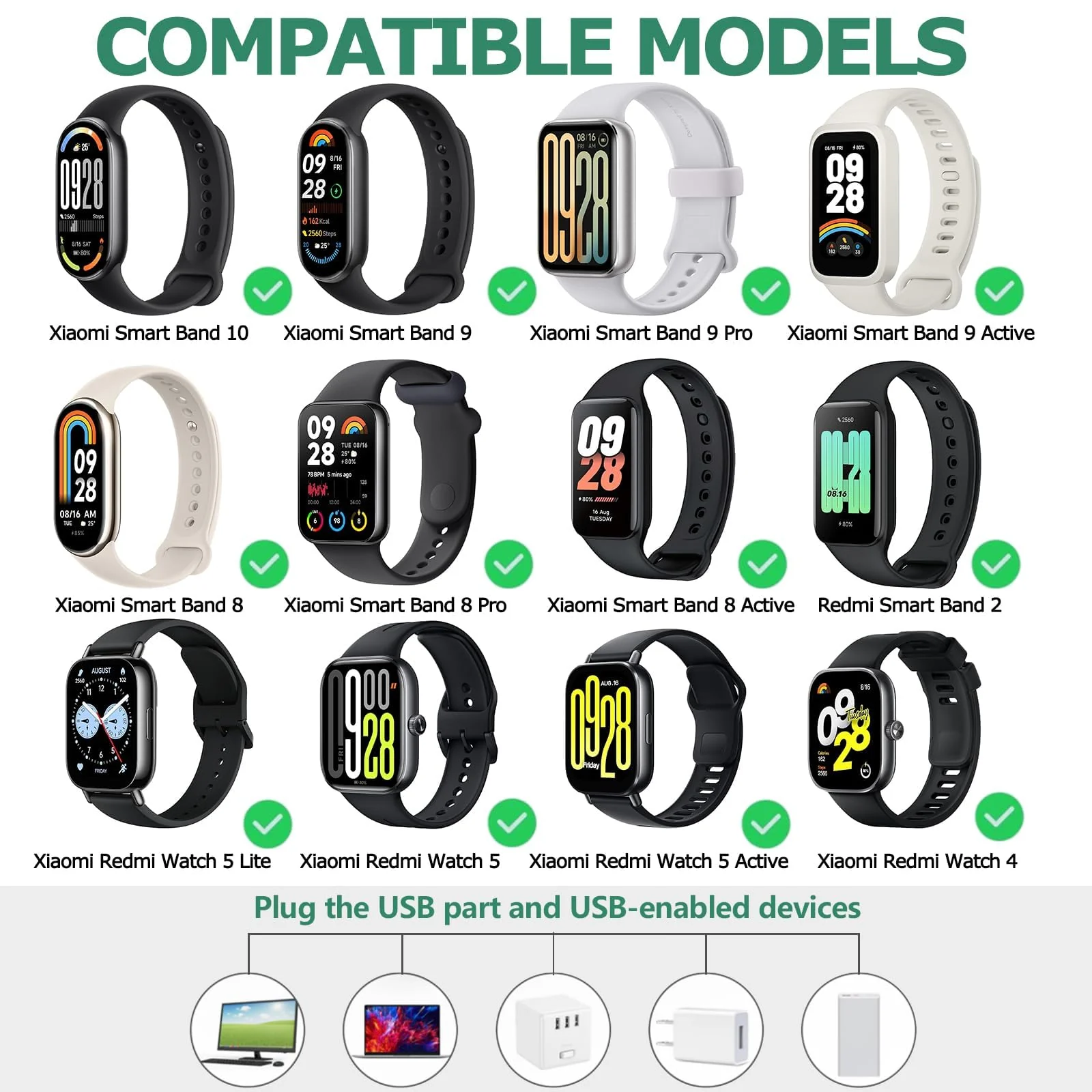 DL3 Mobilak Charger For Xiaomi Redmi Watch 5/5 Active/5 Lite/4/3 Active/3 Lite, Redmi Band 2/3, 1m Portable Charging Cable For Xiaomi Smart Band 10/9/9 Pro/9 Active/8/8 Pro/8 Active - Black