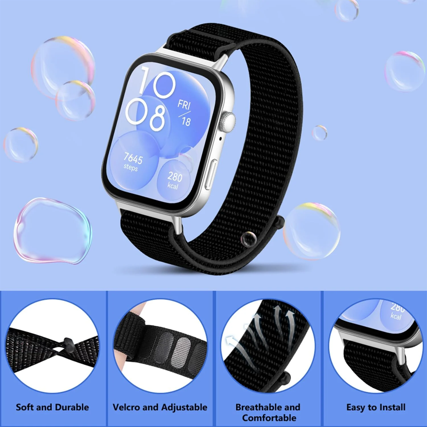 DL3 MOBILAK Elastic Nylon Watch Strap for Huawei Watch Fit 3 / Fit 4 / Fit 4 Pro / Fit 5 / Fit 5 Pro, Black