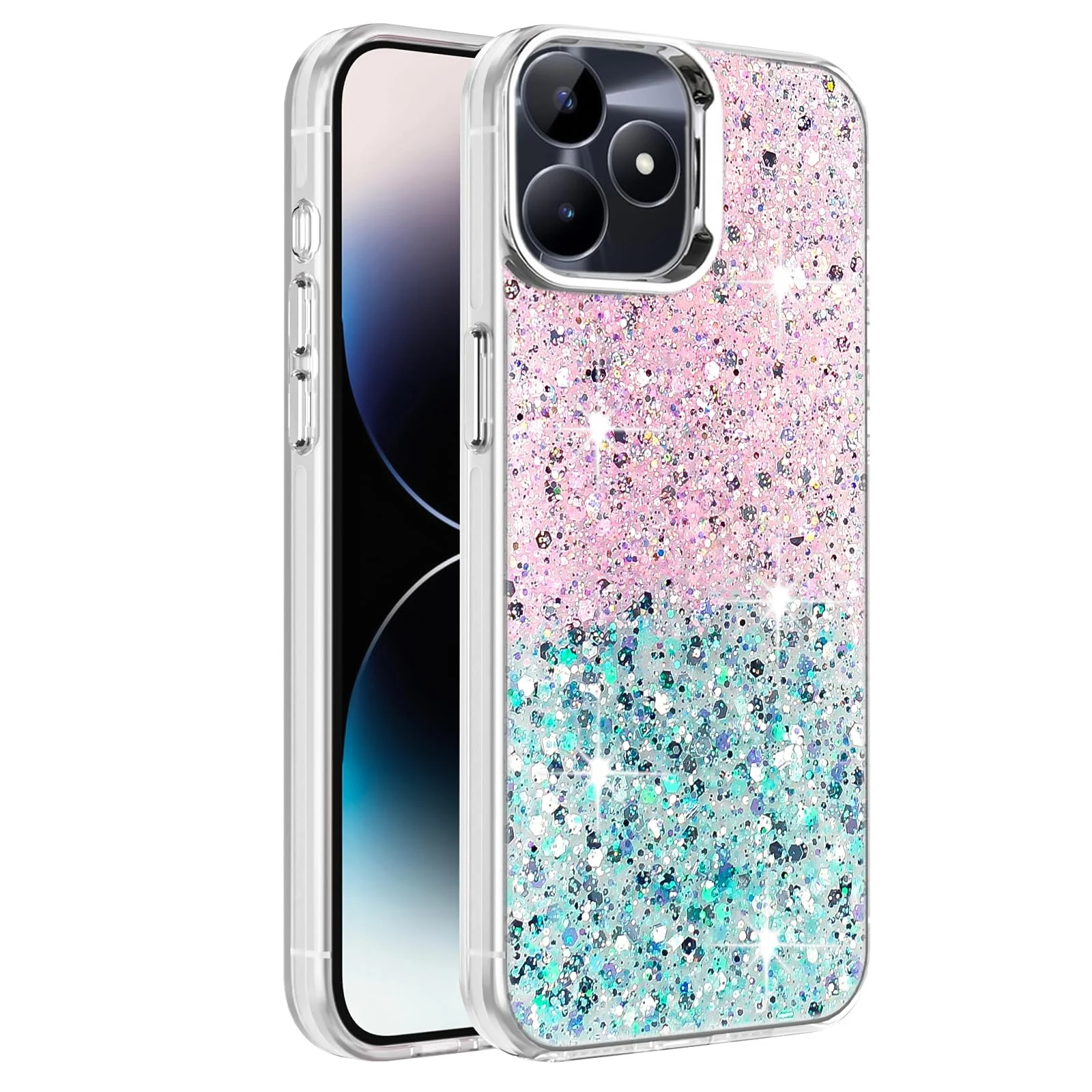 DL3 Mobilak Glitter Rhinestone Protective Case for realme C53 / realme C51 / realme Note 50 with Shockproof Design - Pink Green