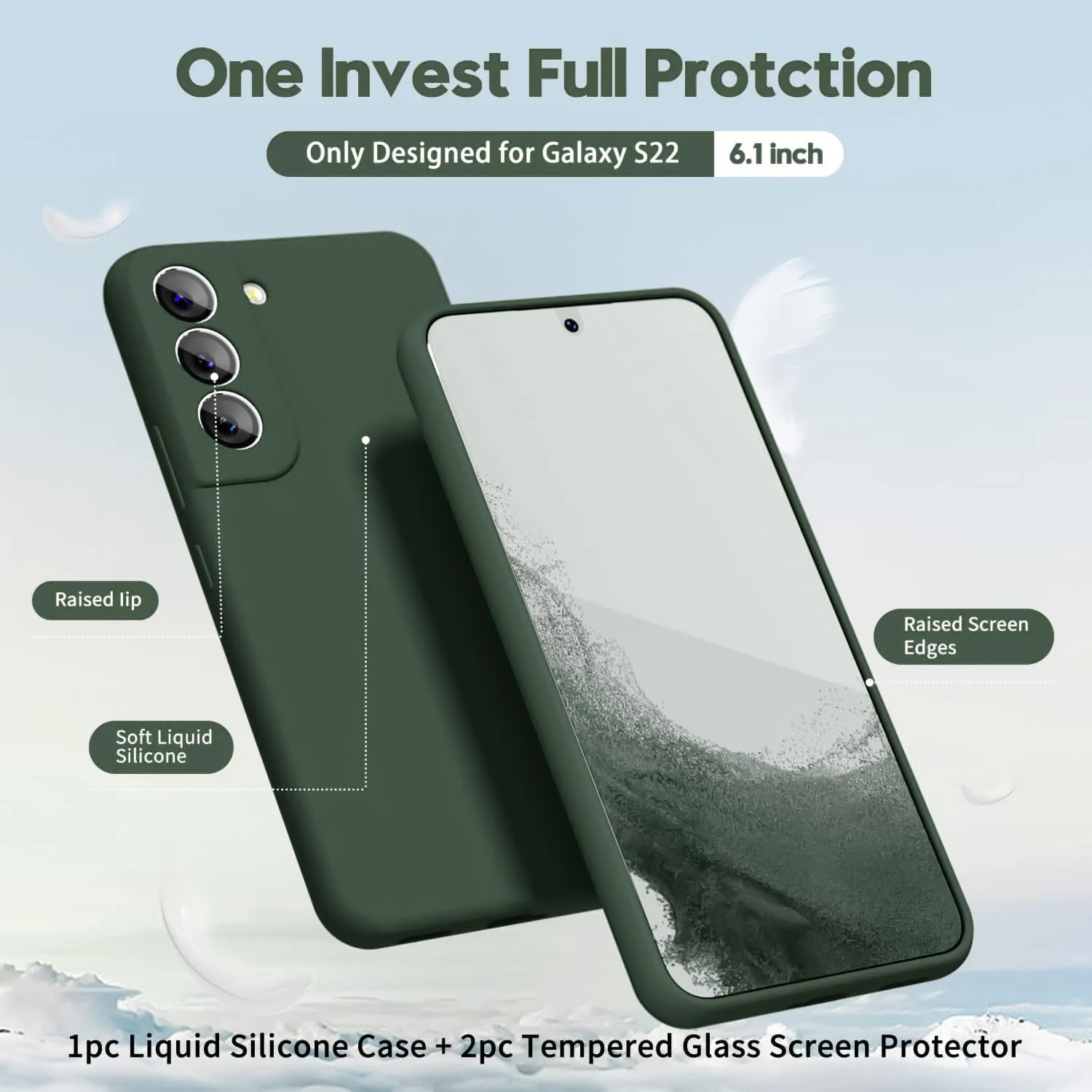 DL3 Mobilak Liquid Silicone Protective Case with Soft Microfiber Lining with Full Camera Protection for Samsung Galaxy S22 5G - Green
