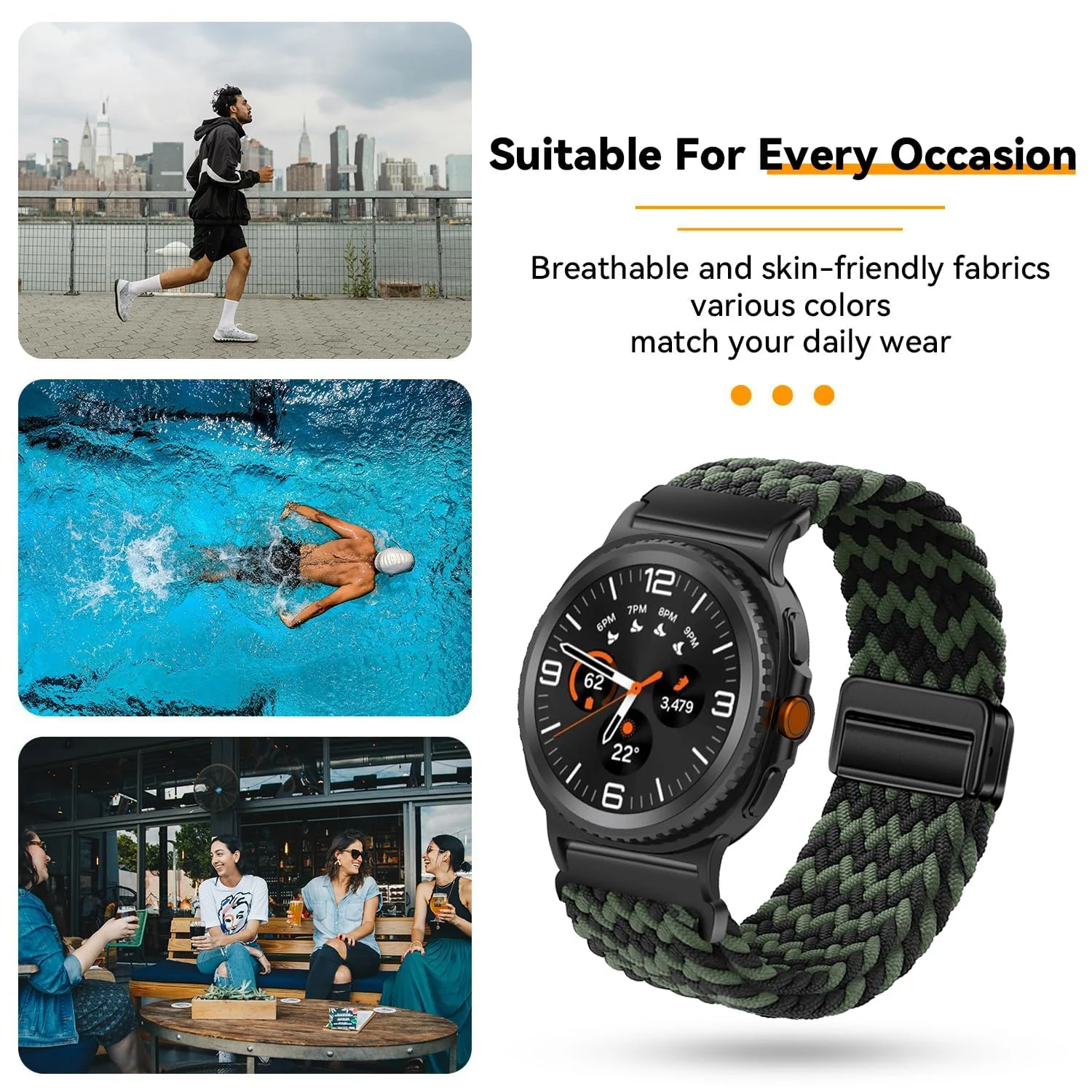 DL3 Mobilak 22mm Magnetic Band for Redmi Watch 5 Active/5 Lite/Samsung Galaxy Watch 3 45mm/Watch 46mm/Gear S3/Huawei watch GT6 GT5 46MM/GT2E/GT6 Pro/GT 5 Pro/Amazfit GTR 4/3, Stretchy Braided Nylon Sport Strap - Green-black