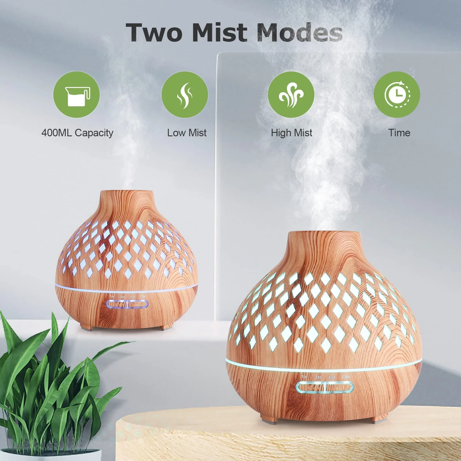 Mobigon Wood Cool Mist Ultrasonic Humidifier for Room Moisture, Aroma Diffuser for Home, 400ml Essential Oil Diffuser with 7 Colorful Night Light, Auto Shut-Off, Home, Office - Light woody