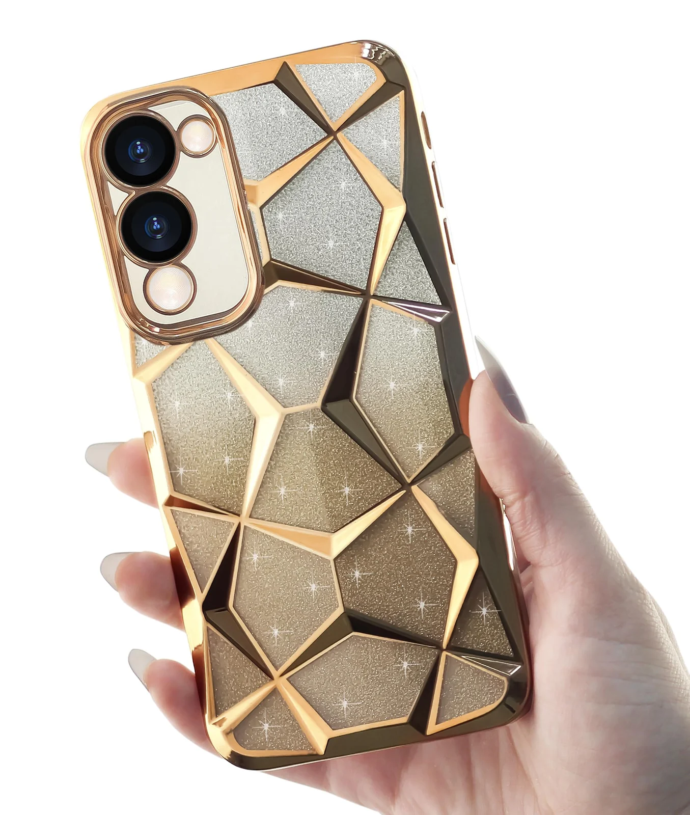 DL3 Mobilak Compatible with Vivo Y04 / Vivo Y29s 5G Case Plating Bling Gradient Glitter Clear Cover Soft TPU Silicone Cute Camera Protection Shockproof Back for Women Girls Case - Gold