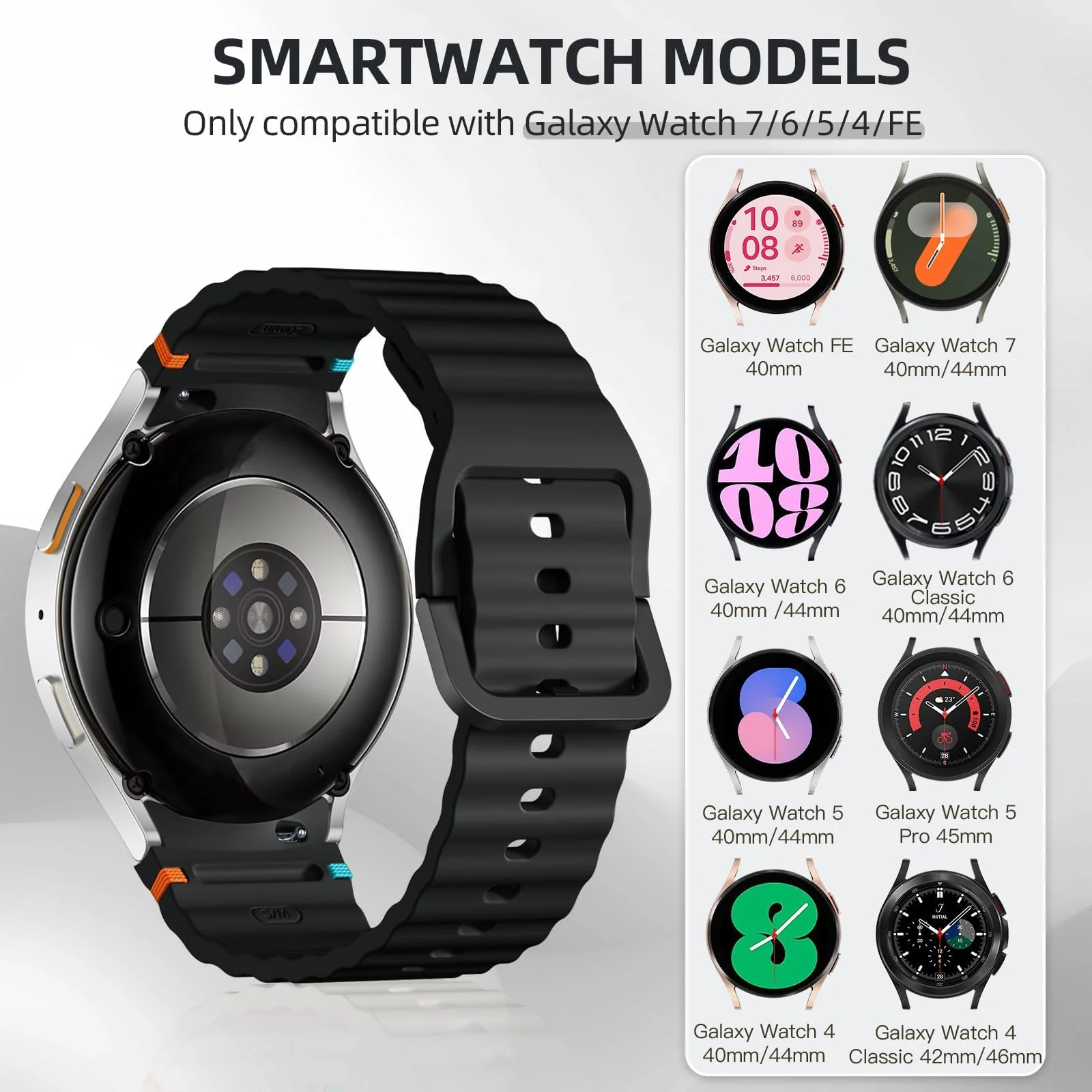 DL3 Mobilak No Gap Sport Bands For Samsung Galaxy Watch 7 6 5 4 FE Strap 40mm 44mm, Soft Silicone Sport Band for Galaxy Watch 6 Classic Straps 47mm 43mm/Galaxy Watch 5 Pro/Watch 4 Classic 42mm 46mm for Men Women - Black