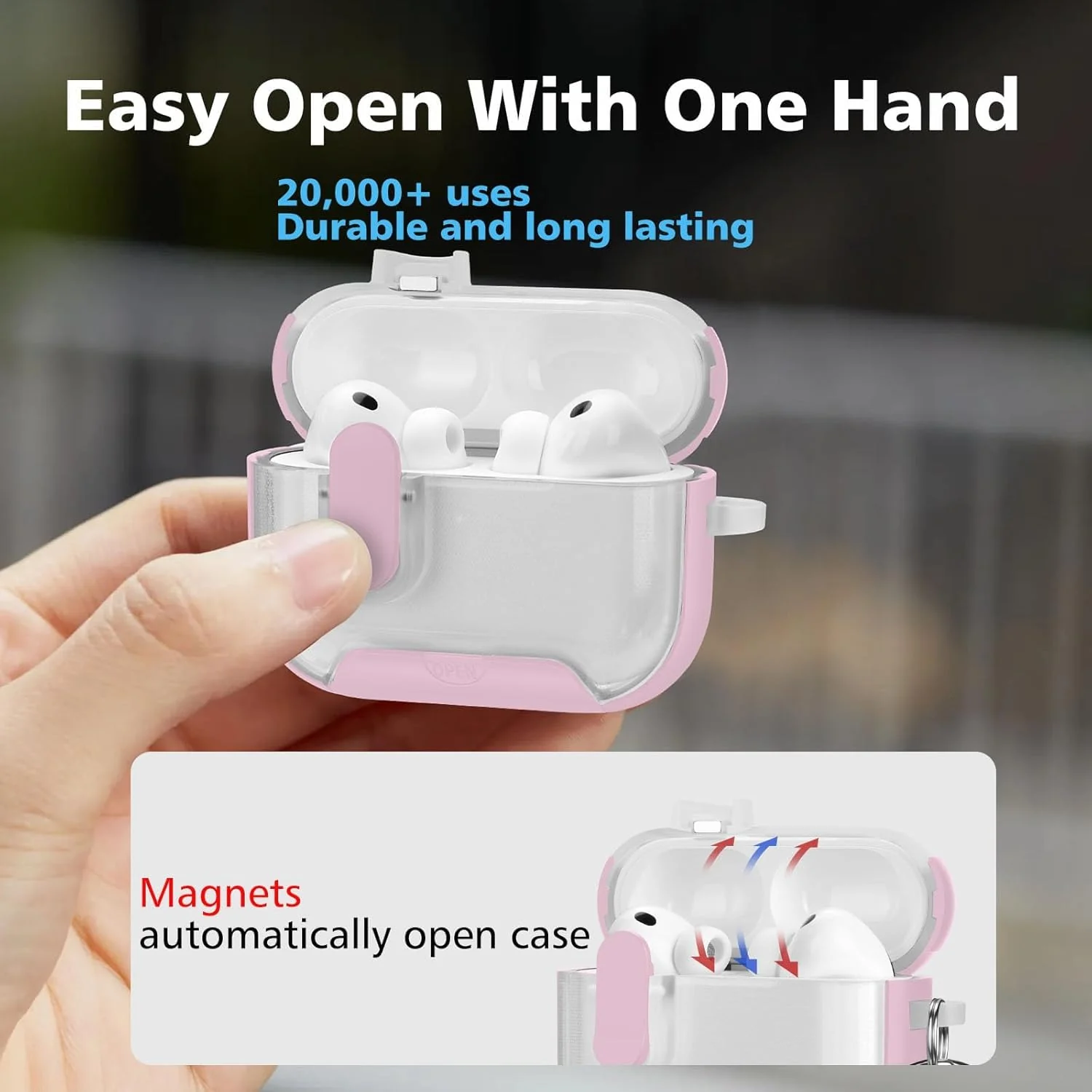 MOBIGON Locking Protective Case with Carabiner for AirPods Pro 1 / 2, Clear / Pink