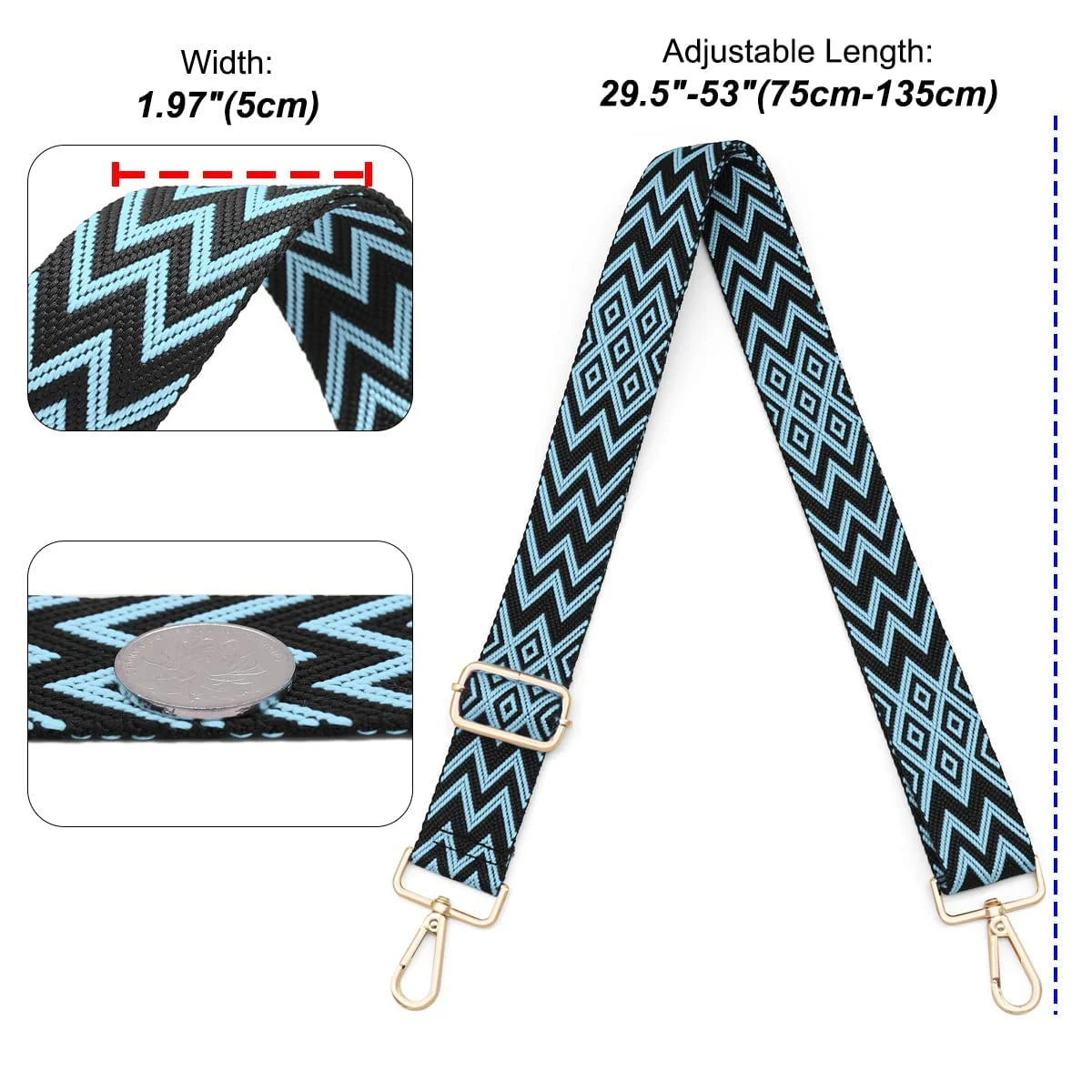 DL3 Mobilak Adjustable Wide Crossbody Bag Strap for Women, Replacement Shoulder Strap for Handbags, Totes & Purses with Elegant Embroidered Pattern and Metal Hooks - Blue Black