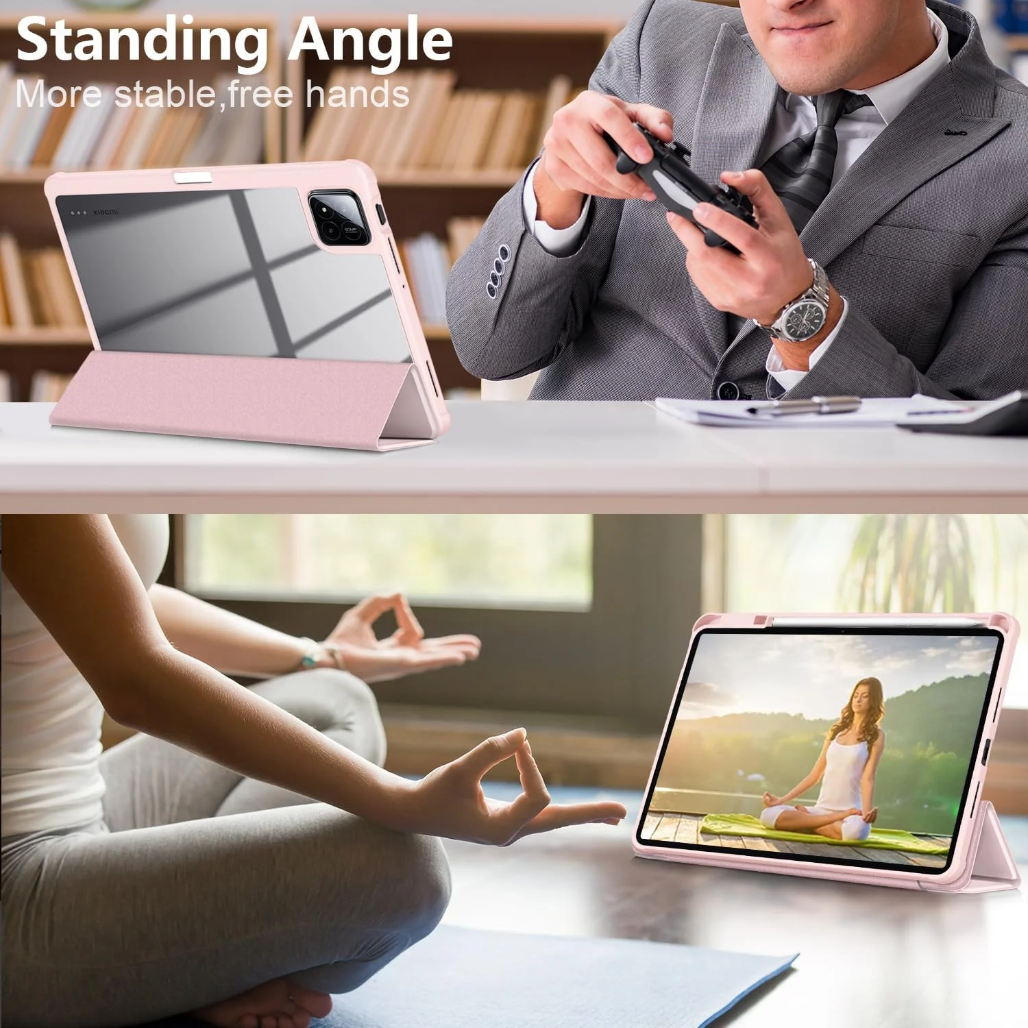 DL3 Mobilak Case for Xiaomi Pad 7 / Xiaomi Pad 7 Pro 2024 11.2 inch, Clear Shockproof Back Cover Built-in Pencil Holder, Auto Sleep/Wake - Pink Sand