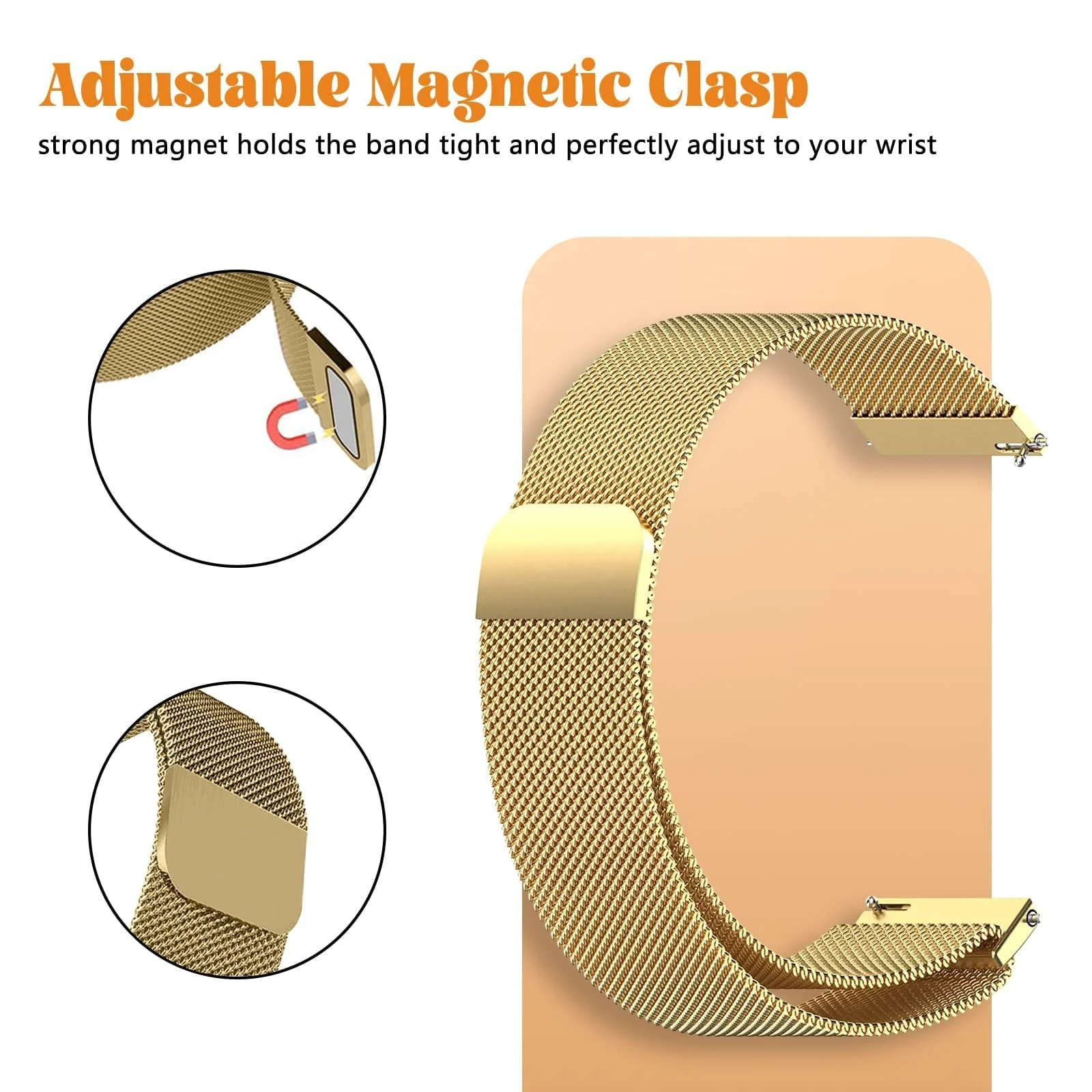 MOBIGON 18mm Magnetic Milanese Steel Watch Strap for Huawei GT 4 / 5 / 6, Watch 5, Garmin Venu 3S & Fossil Gen 6, Gold