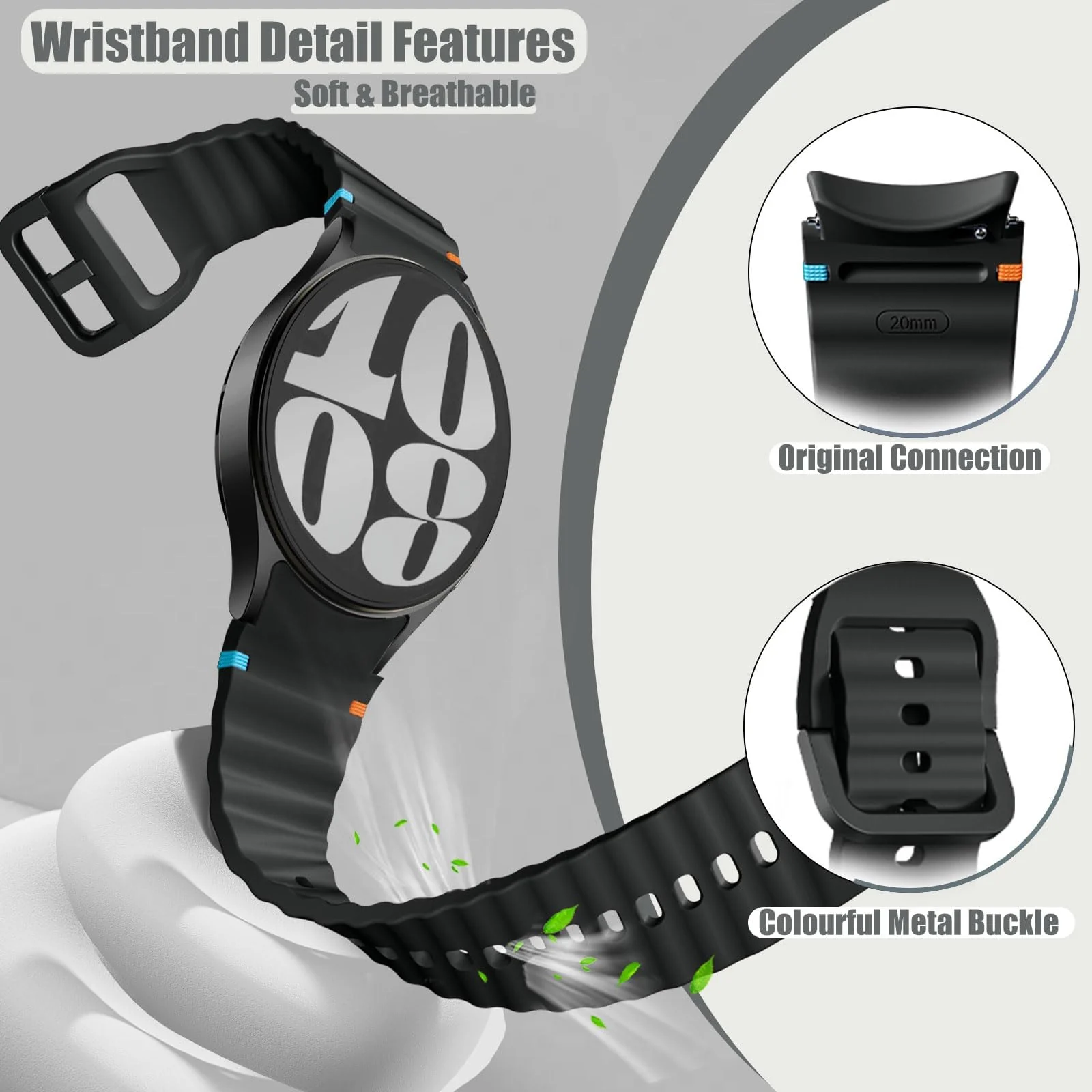 DL3 Mobilak No Gap Sport Bands For Samsung Galaxy Watch 7 6 5 4 FE Strap 40mm 44mm, Soft Silicone Sport Band for Galaxy Watch 6 Classic Straps 47mm 43mm/Galaxy Watch 5 Pro/Watch 4 Classic 42mm 46mm for Men Women - Black
