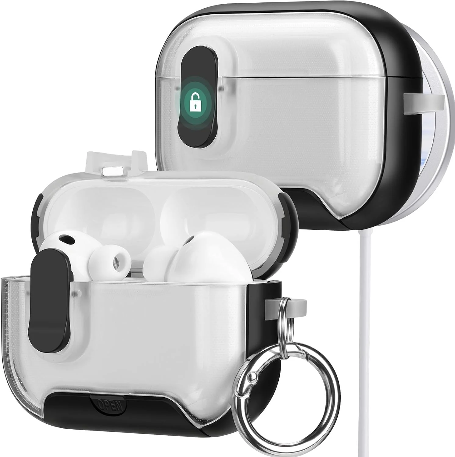 MOBIGON Locking Protective Case with Carabiner for AirPods Pro 1 / 2, Clear / Black