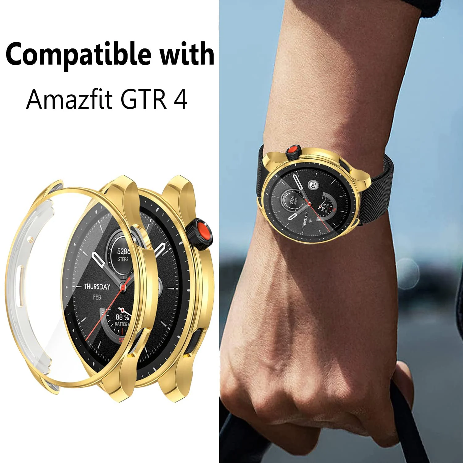 DL3 MOBILAK Full-Coverage Watch Case with Tempered Glass for Amazfit GTR 4 and 4 Pro - Gold