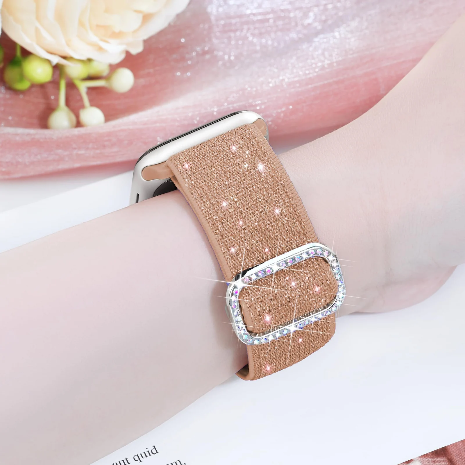 DL3 Mobilak Stretchy Bling Band For Apple Watch 49mm 46mm 45mm 44mm 42mm Women, Nylon Sparkly Strap Solo Loop Glitter Wristband for iWatch Series 11 10 9 8 7 6 5 4 SE3 SE2 SE Ultra 3 2 1 - Rose Gold