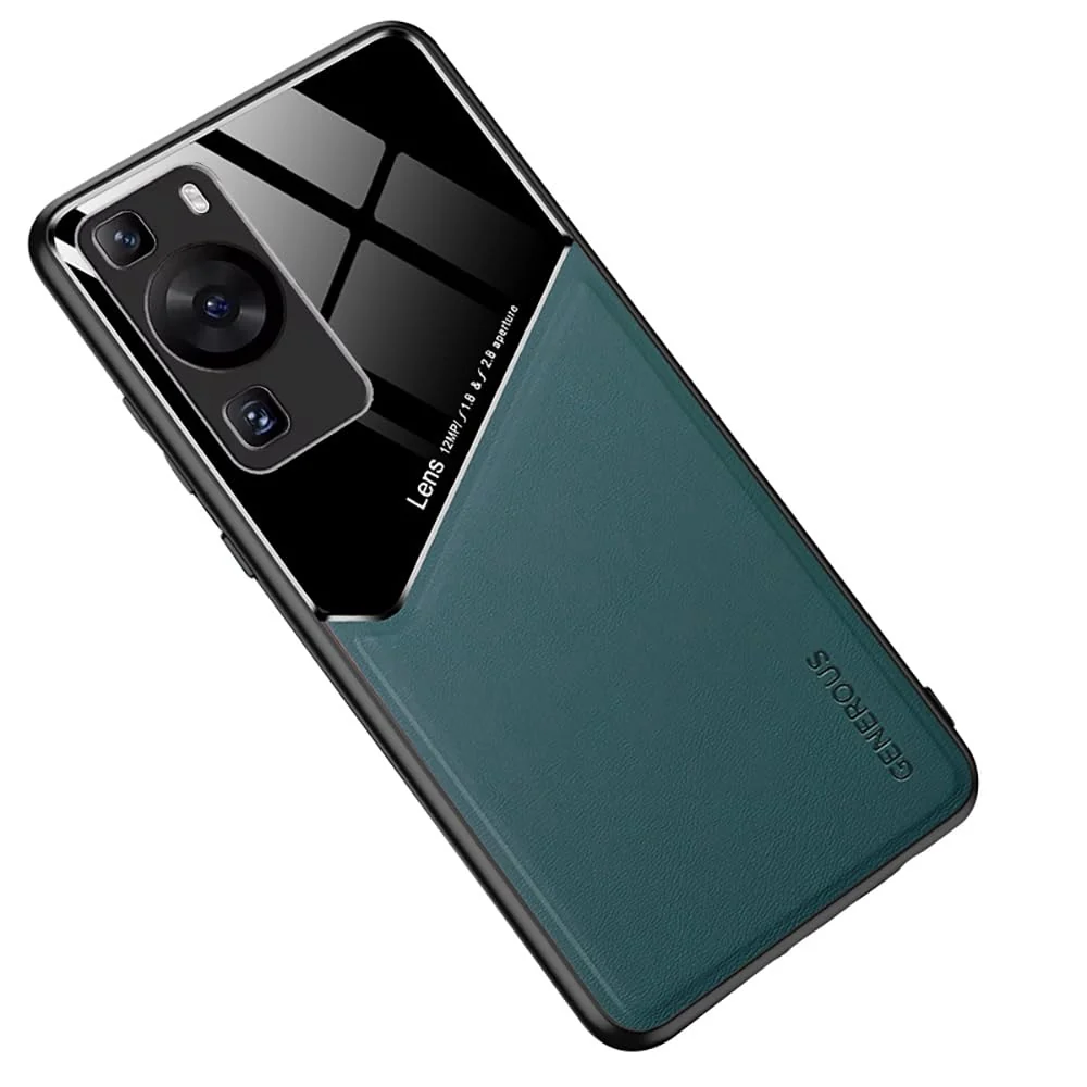 DL3 Mobilak Luxury Case For Huawei P60 Pro, Ultra-Thin Soft TPU Frame, Back Leather Mixed Double+Plexiglass Protective Cover With Built-in Car Magnetic - Green