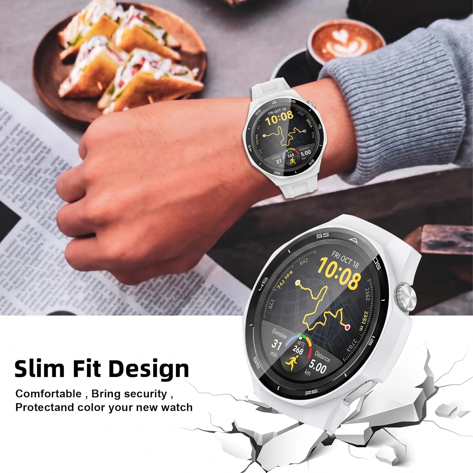 DL3 MOBILAK Full-Coverage Watch Case with Tempered Glass for Huawei Watch GT 5 Pro 46 mm, White