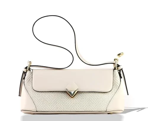 Mobigon Elegant Women’s Baguette Shoulder Bag with Magnetic Gold Clasp, Textured Faux Leather, Zippered Main Compartment & Inner Pocket for Formal & Daily Use (Off White) - Off-White