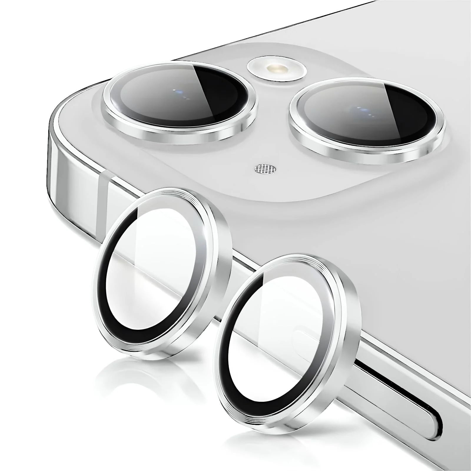 DL3 Mobilak Compatible with iPhone 15/15 Plus & iPhone 14/14 Plus Camera Lens Protector, Anti-Scratch HD Tempered Glass Lens Screen Protection Cover, Metal Individual Lens Ring - Silver