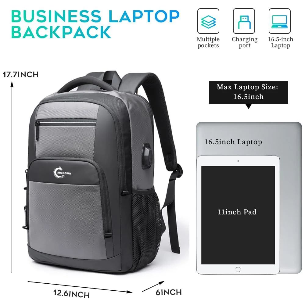 Mobigon Business Laptop Backpack, 15.6 Inch Travel Laptop Bag Rucksack with USB Charging Port, Water-Resistant Bag Daypack for Work College Computer Men Women Backpack - Gray