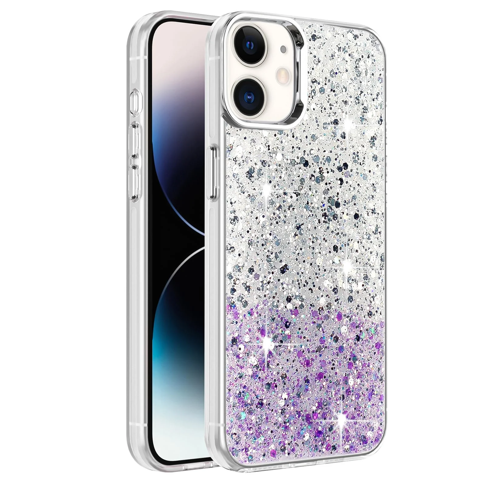 DL3 Mobilak Glitter Protective Case for Apple iPhone 11, Supports wireless charging, Camera protection, Shock-absorbing protection - White Purple