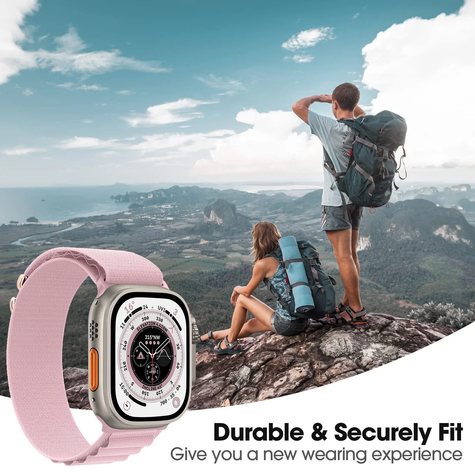 DL3 Mobilak Trail/Alpine Loop Nylon Band Compatible with Apple Watch Ultra 2/Ultra Band 49mm 45mm 44mm 42mm, Adjustable with Metal C-Hook Strap for iWatch Ultra Series 9/8/7/6/5/4/3/2/1/SE2/SE - Light Pink
