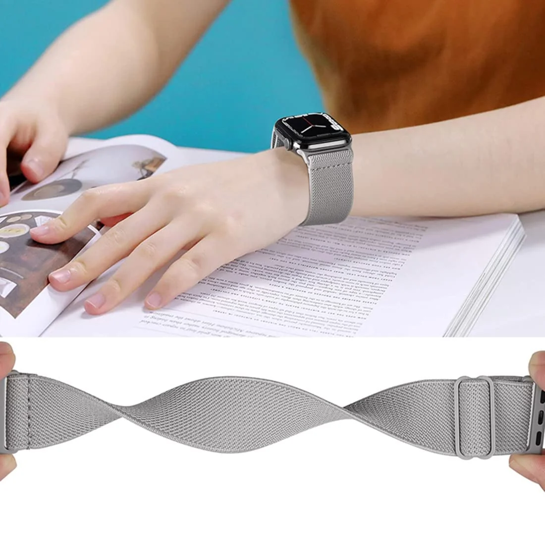 DL3 Mobilak Nylon Solo Loop Stretchy Straps For Apple Watch Band 49mm 45mm 44mm 42mm 41mm 40mm 38mm, Elastic Wristbands for Series 8 Ultra 7 6 5 4 3 2 1 Se (Light Grey, 38MM/40MM/41MM), unisex-adult - Black