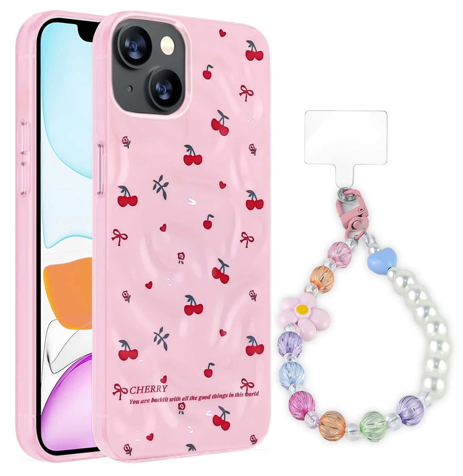 Dl3 Mobilak Case Compatible with iPhone 15, Cute Printed Soft TPU Phone Cover with Beaded Wrist Strap, Shockproof Camera Protection, Slim Protective Case for Women & Girls - Style 1