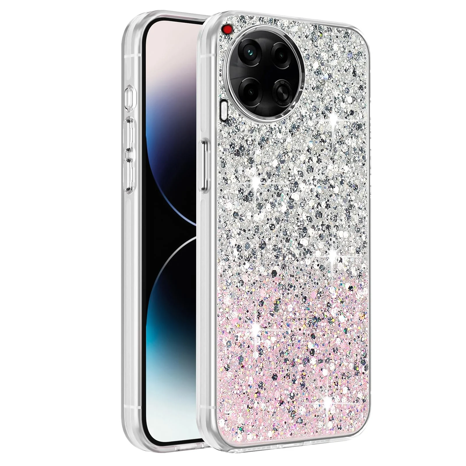 DL3 Mobilak Glitter Rhinestone Protective Case for Tecno Camon 30 4G with Shockproof Design - White Pink