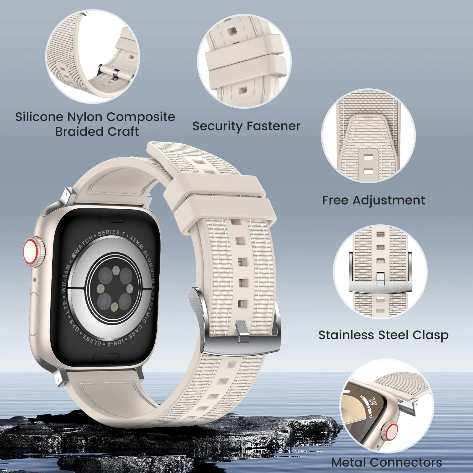 DL3 Mobilak Sport Silicone Nylon Band Designed for Apple Watch Band 49mm 46mm 45mm 44mm 42mm for Men Women, Waterproof Soft Replacement Strap for iWatch Ultra2 Ultra SE SE2 Series 10 9 8 7 6 5 4 3 2 1 - Beige