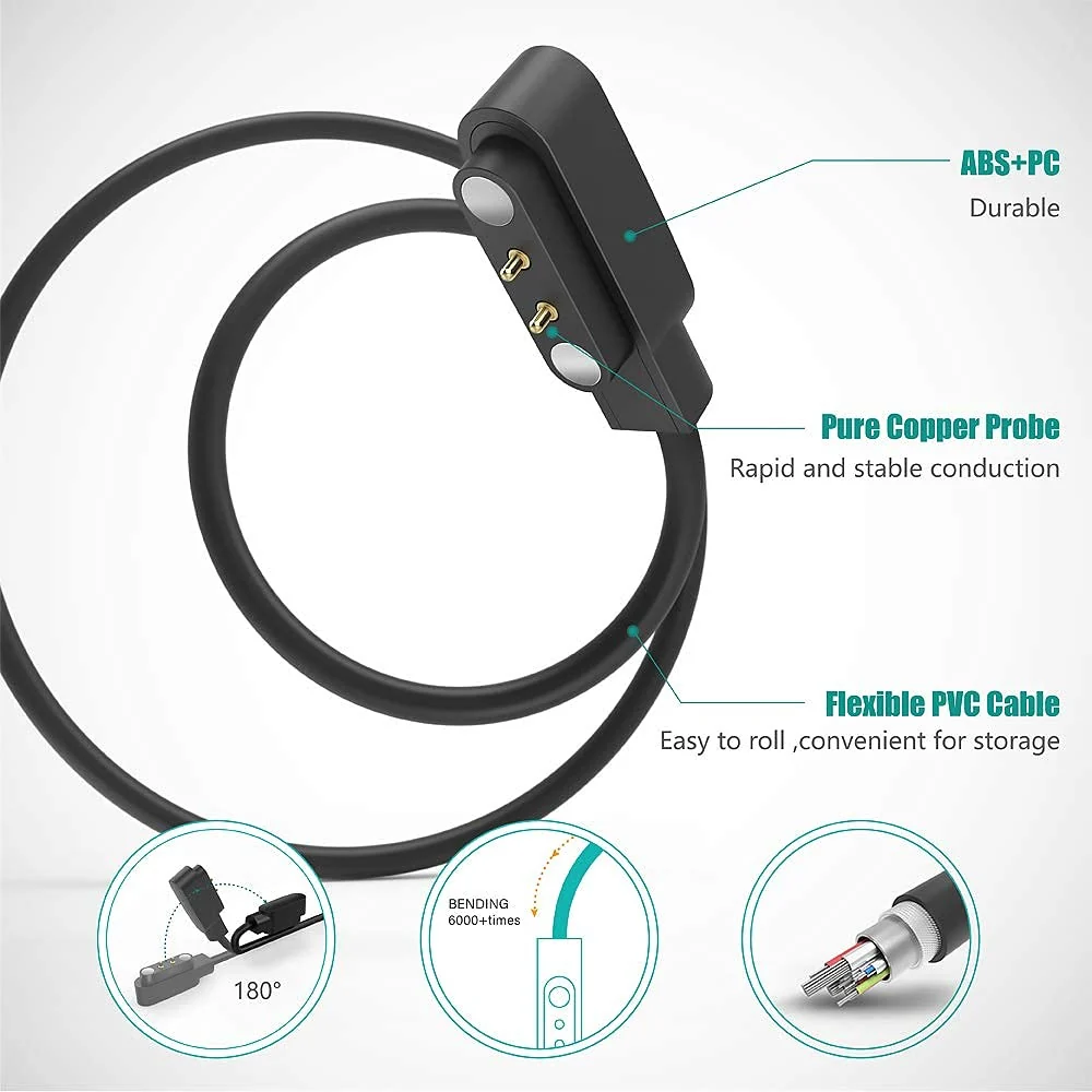 DL3 Mobilak Magnetic Charger Compatible with YAMAY SW022, AGPTEK LW11, Ticwatch GTX, Xiaomi Haylou Solar LS05 - USB 2 Pins 4mm 0.16inch Charging Cable 100cm - Fitness Smartwatch Accessories - Black