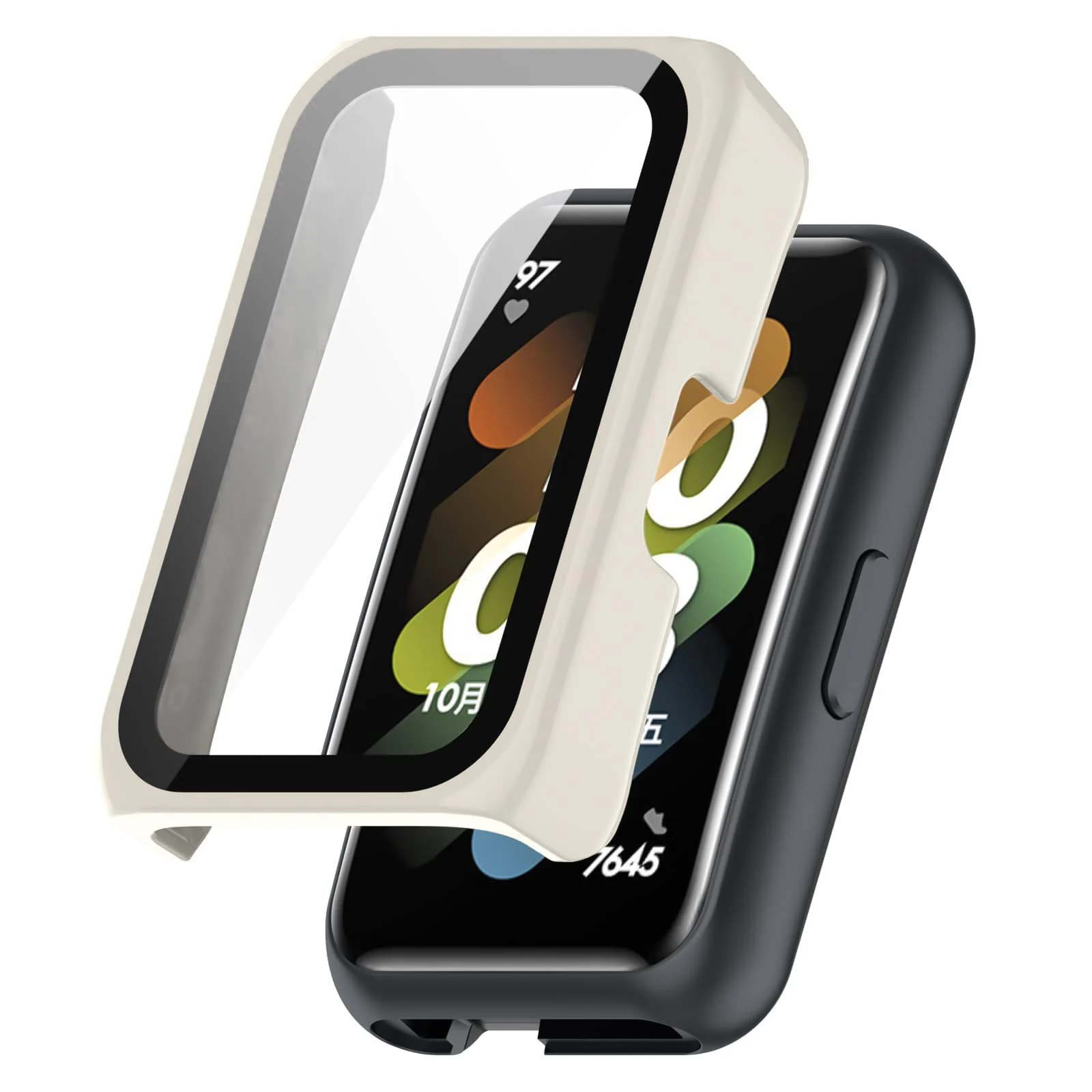 DL3 MOBILAK Full-Coverage Watch Case with Tempered Glass for Huawei Band 6 / Honor Band 6 / Band 7, Ivory White